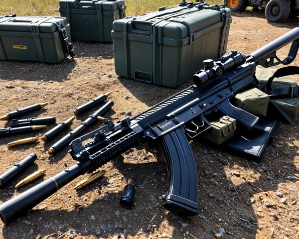Black Assault Rifle with Ammunition in Outdoor Setting