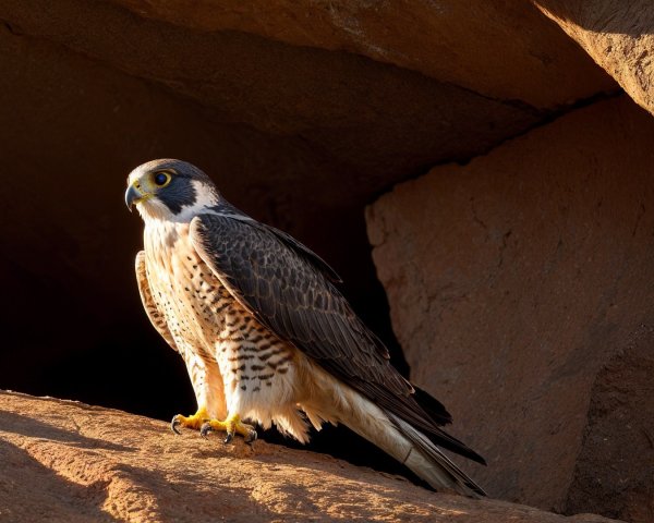 Majestic falcon perched on rocky ledge with striking plumage
