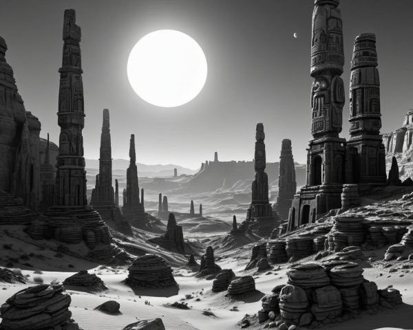 Desert Landscape with Monolithic Pillars and Sun