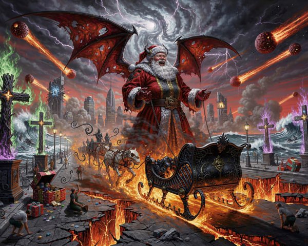 Demonic Santa Claus in Apocalyptic Cityscape Illustration