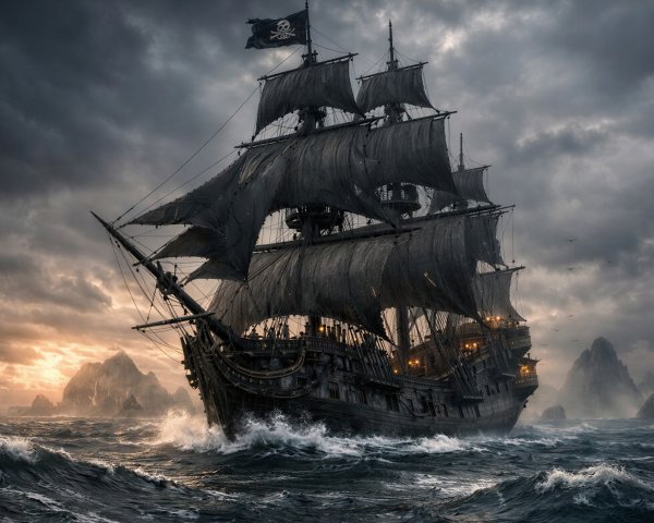 Black Pirate Ship on Choppy Waters Under Overcast Sky