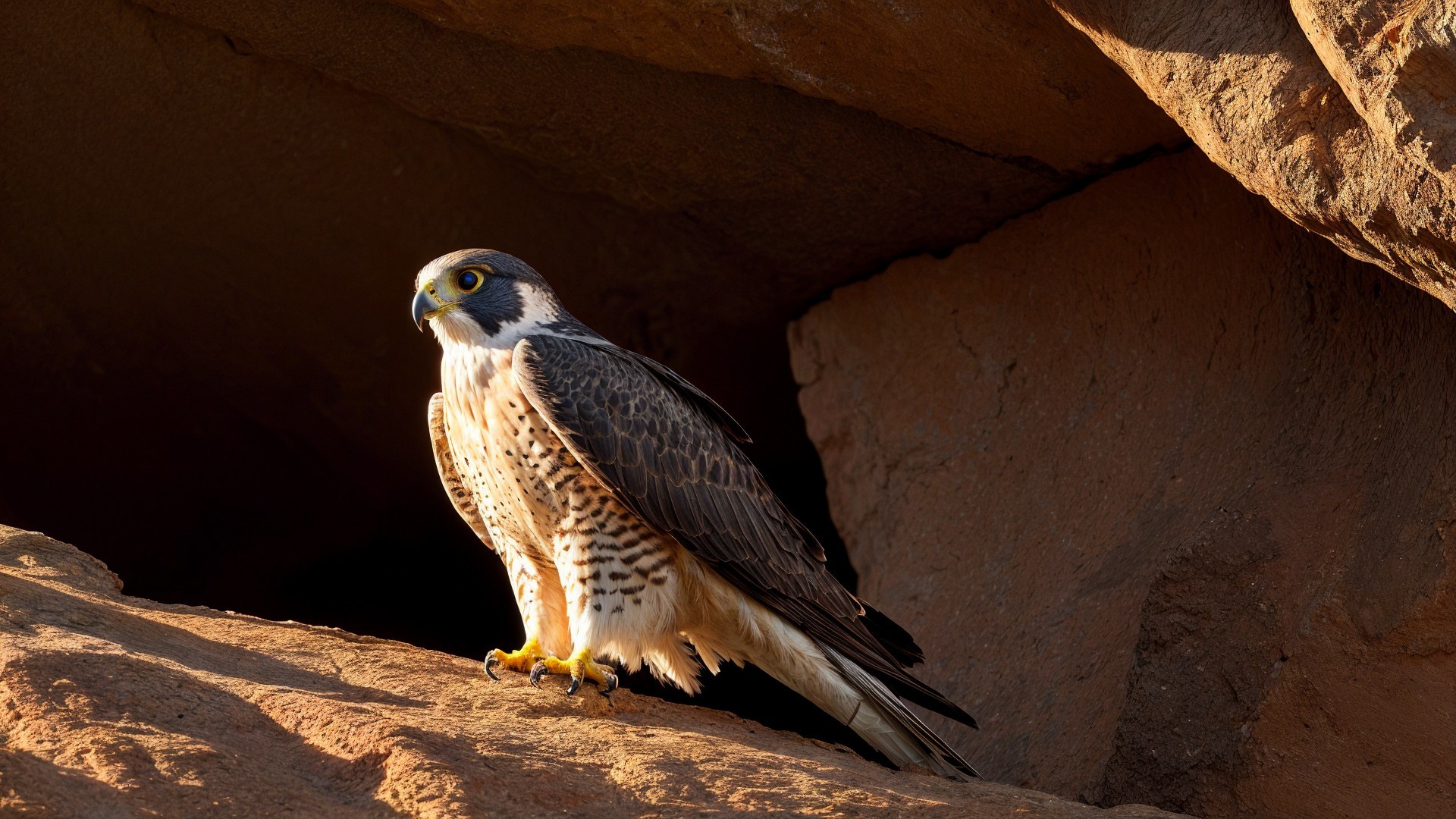 Majestic falcon perched on rocky ledge with striking plumage