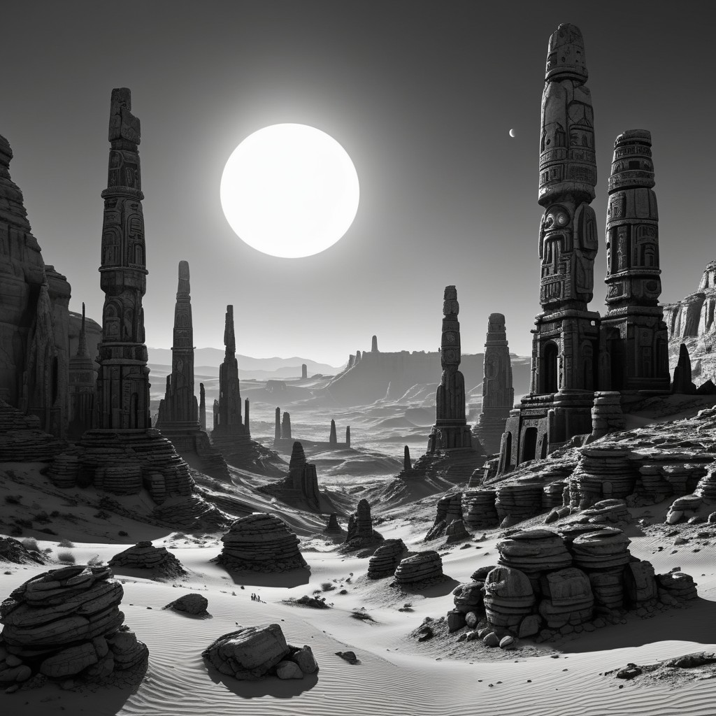 Desert Landscape with Monolithic Pillars and Sun
