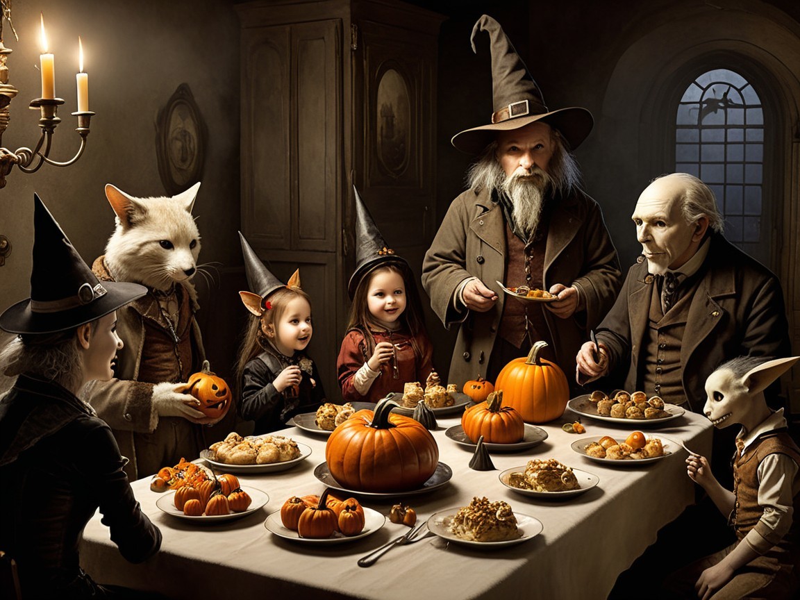 Whimsical Halloween Feast in a Dimly Lit Room