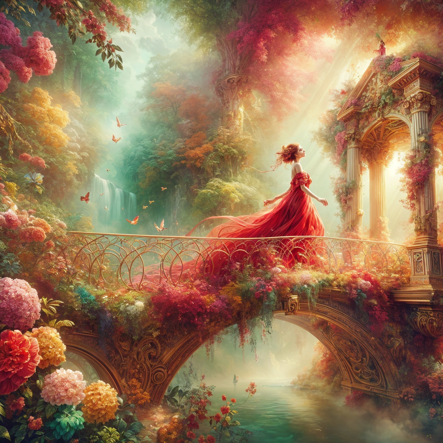 Enchanting Floral Landscape with Woman on Bridge