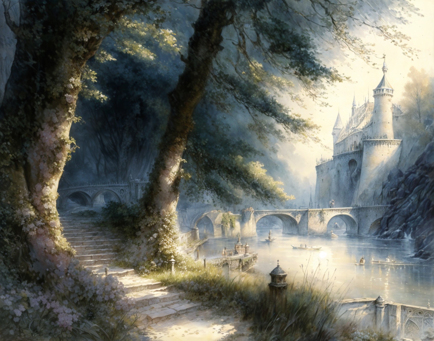 Majestic castle in a serene landscape with river and greenery
