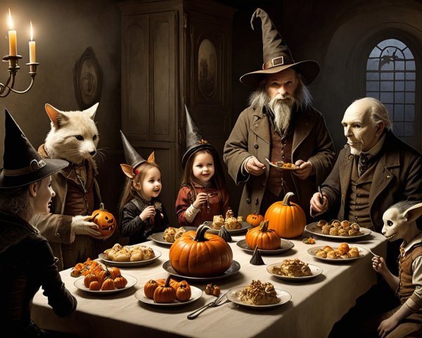 Whimsical Halloween Feast in a Dimly Lit Room