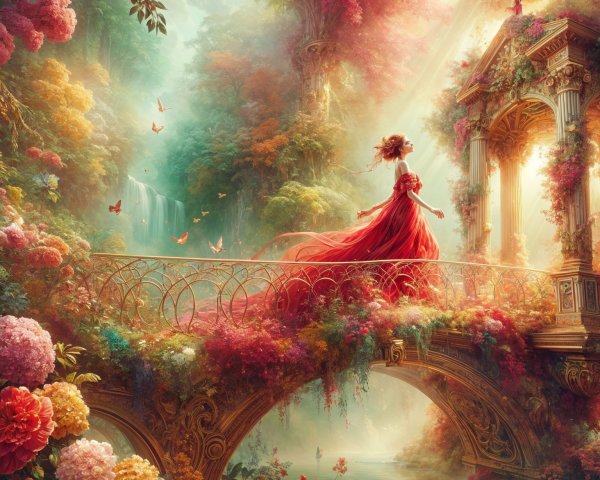 Enchanting Floral Landscape with Woman on Bridge