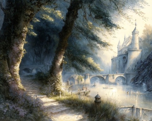 Majestic castle in a serene landscape with river and greenery