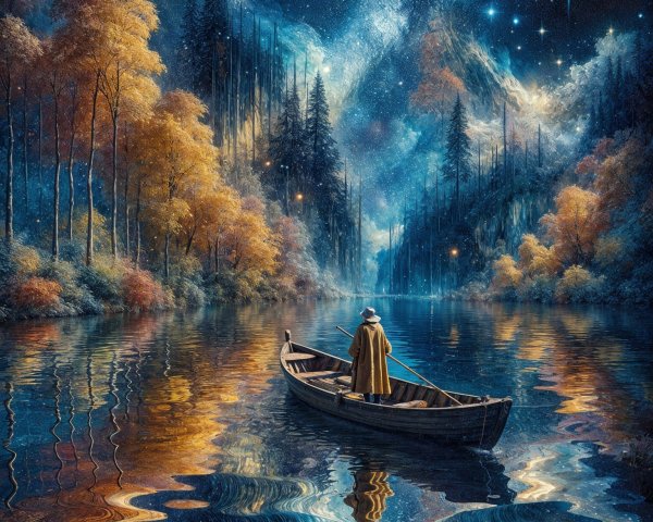 Serene River Scene with Autumn Trees and Galaxies