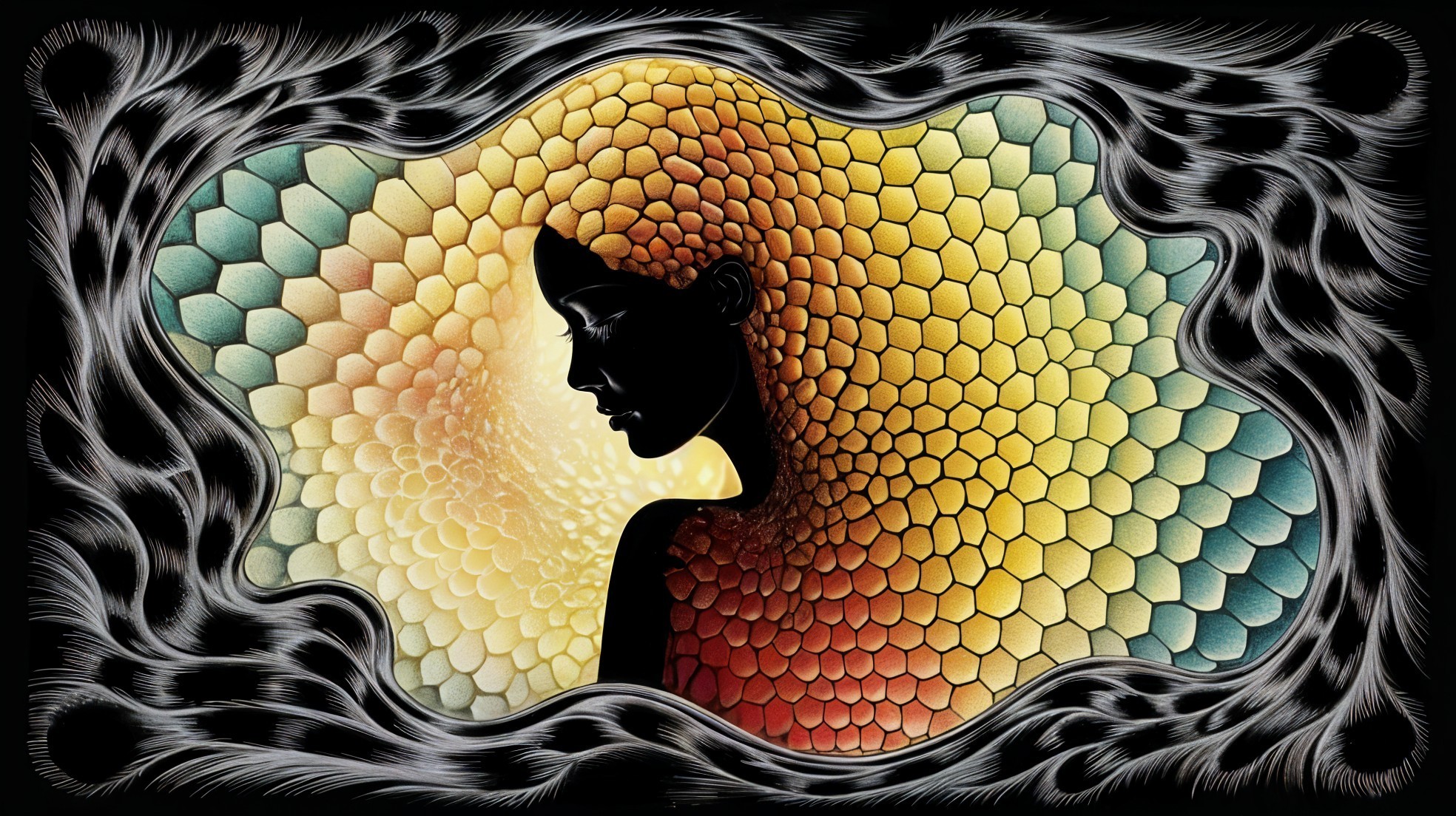 Silhouette of a Woman with Honeycomb Patterns
