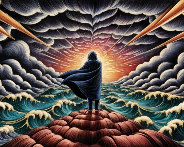 Solitary Figure on Rocky Outcrop Overlooking Sea