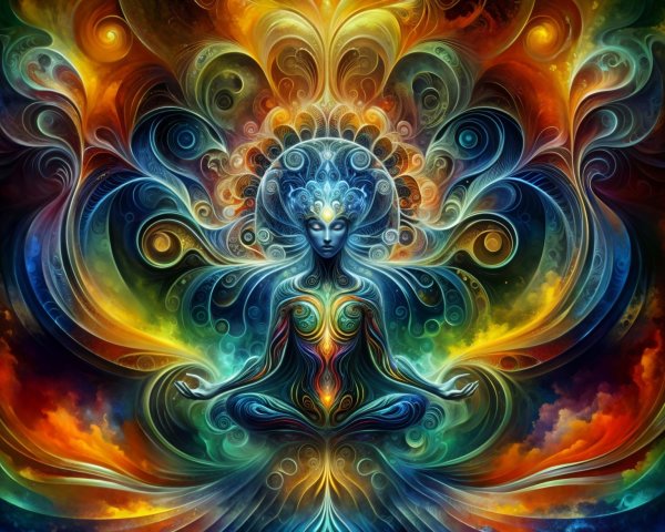 Colorful Artwork of Meditative Figure with Patterns