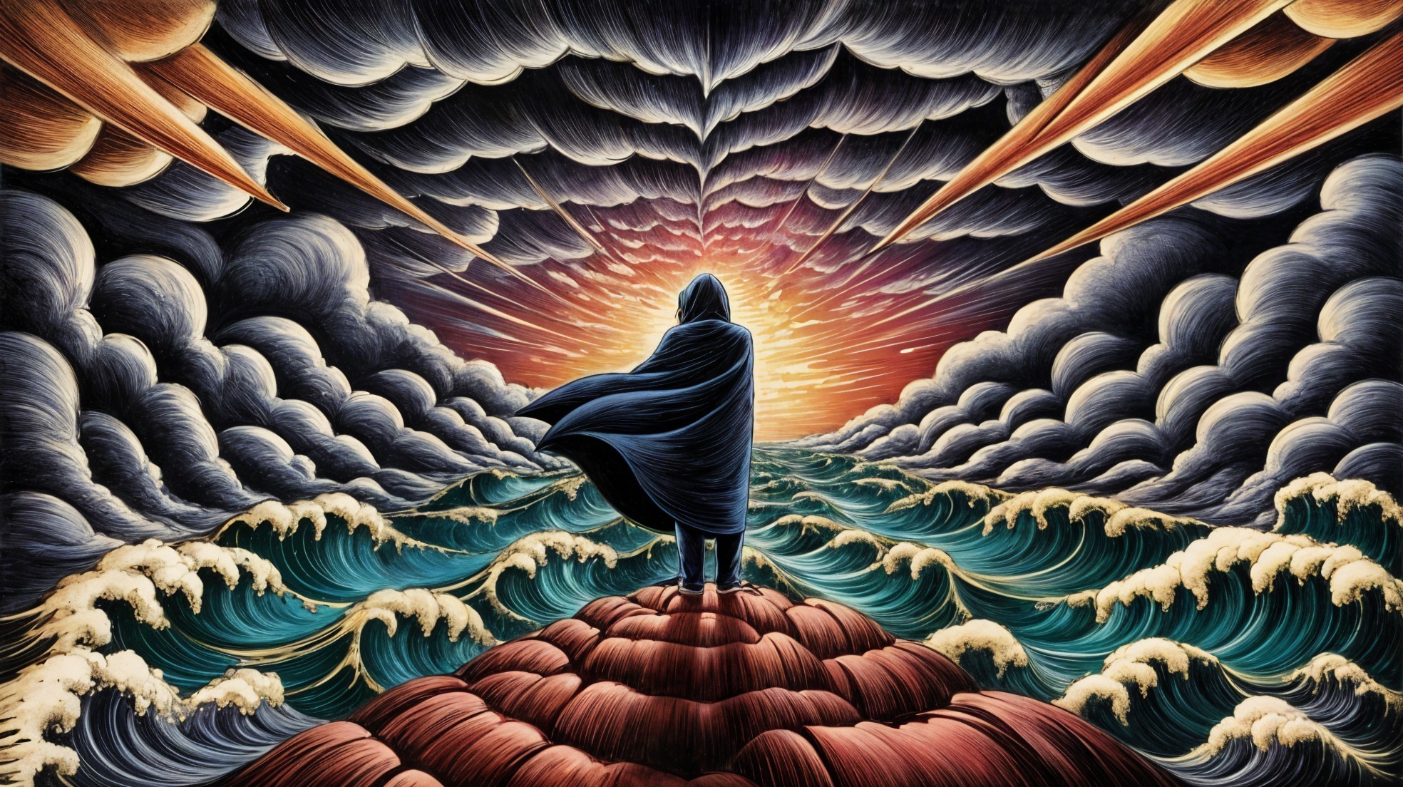 Solitary Figure on Rocky Outcrop Overlooking Sea