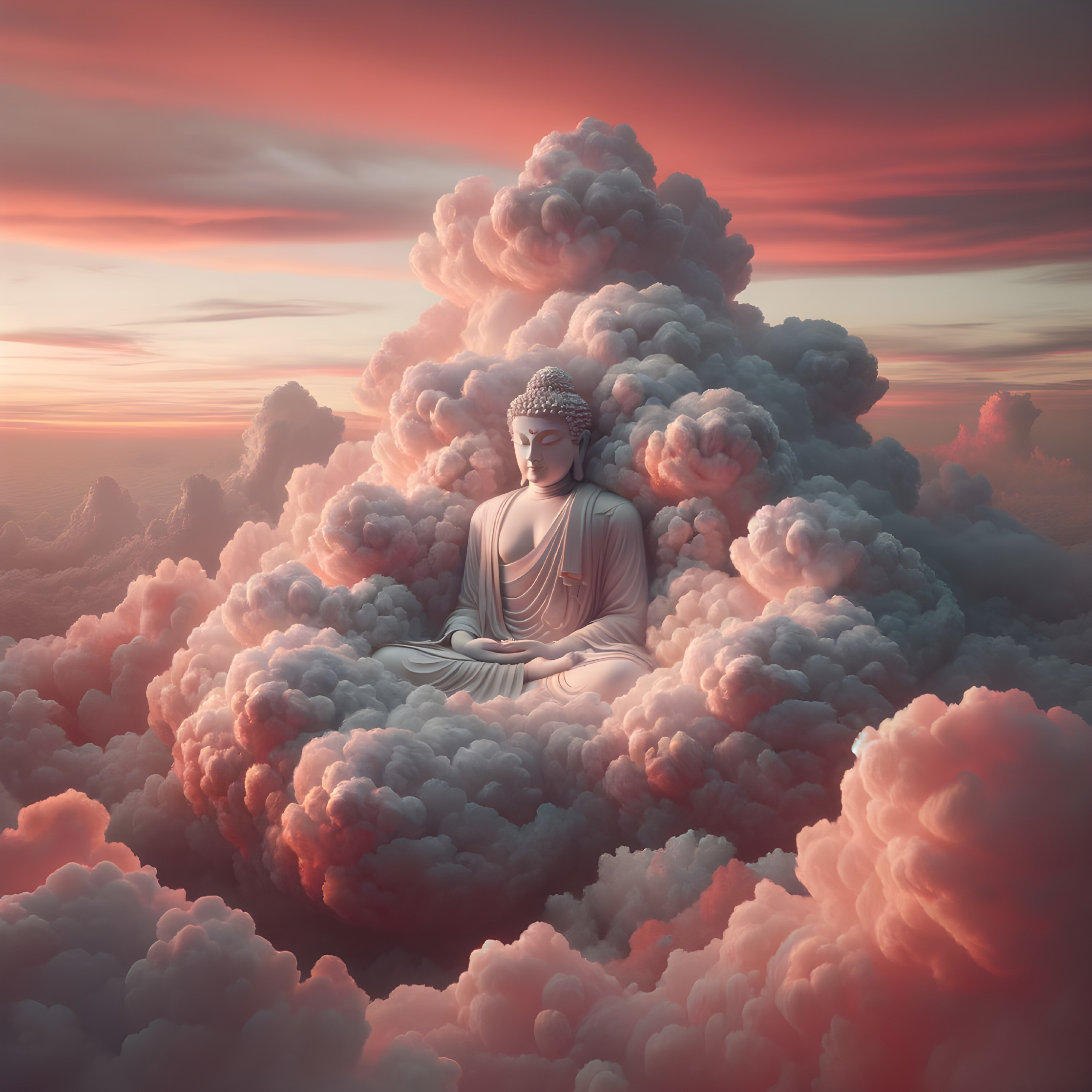 Buddha statue meditating in ethereal cloud against twilight sky