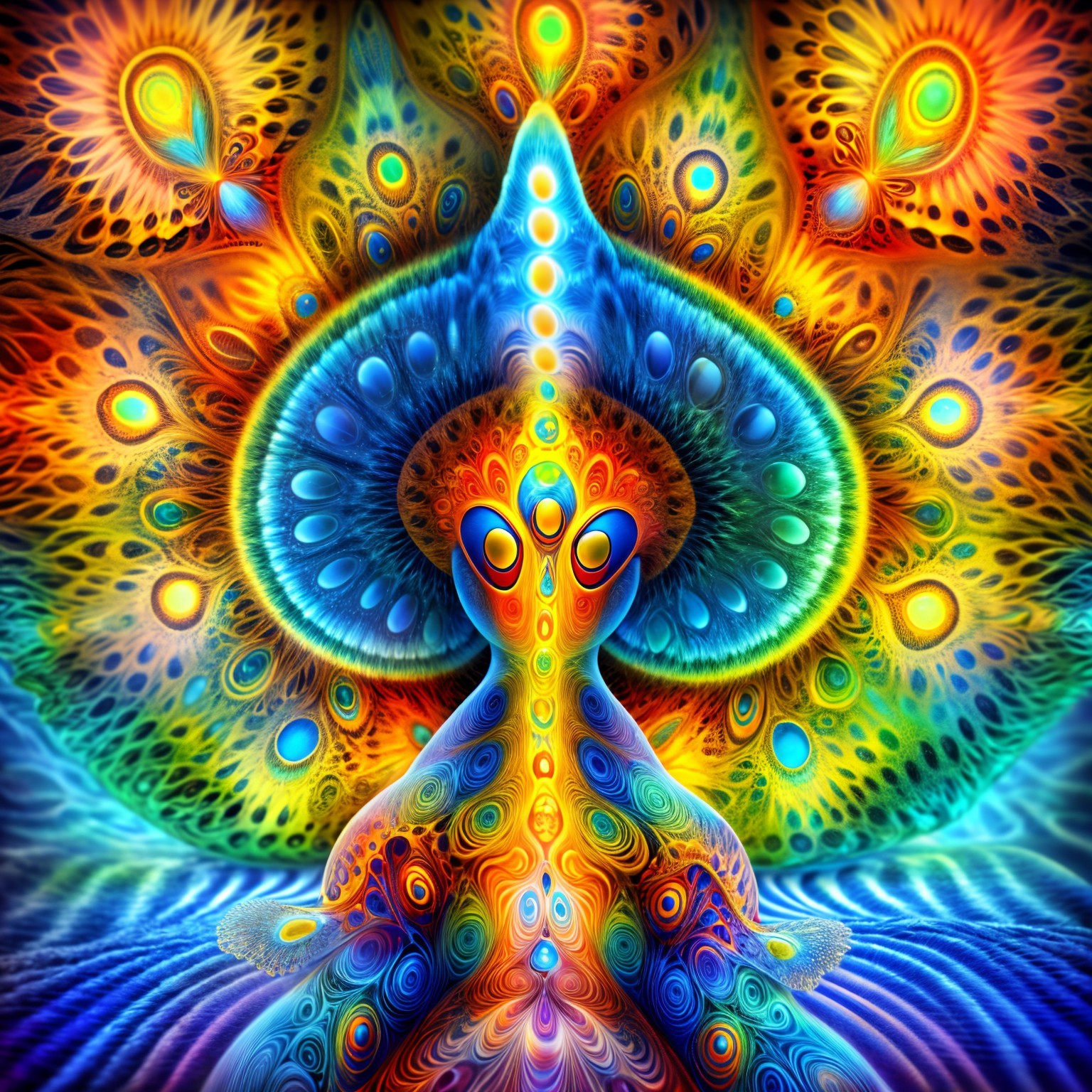 Psychedelic Meditation Figure with Vibrant Patterns