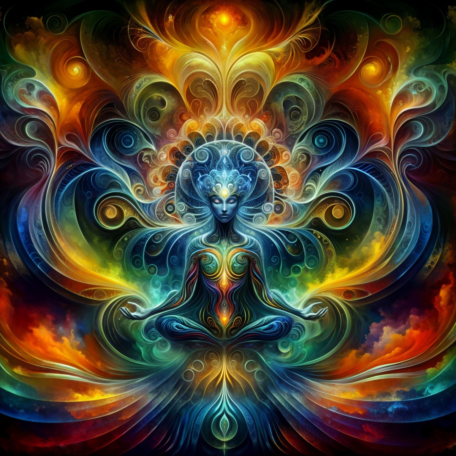 Colorful Artwork of Meditative Figure with Patterns