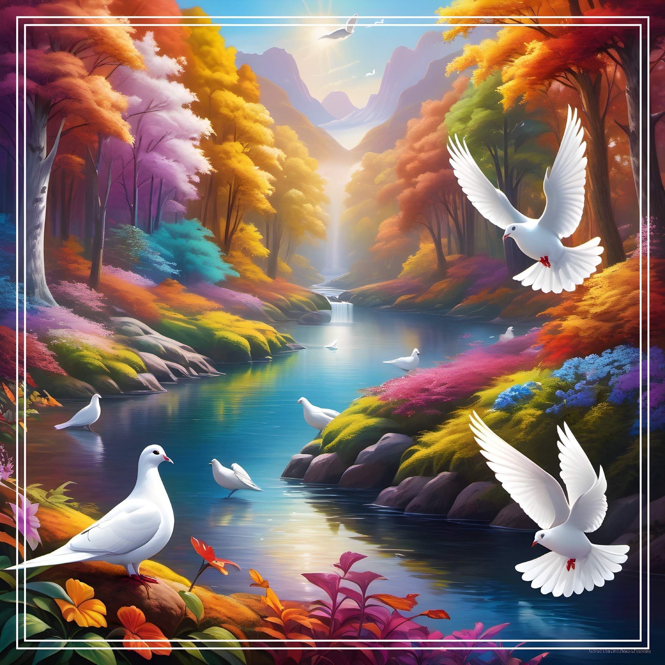 Serene Autumn Landscape with River and Doves