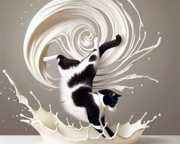 Black and white cat leaps through swirling white liquid