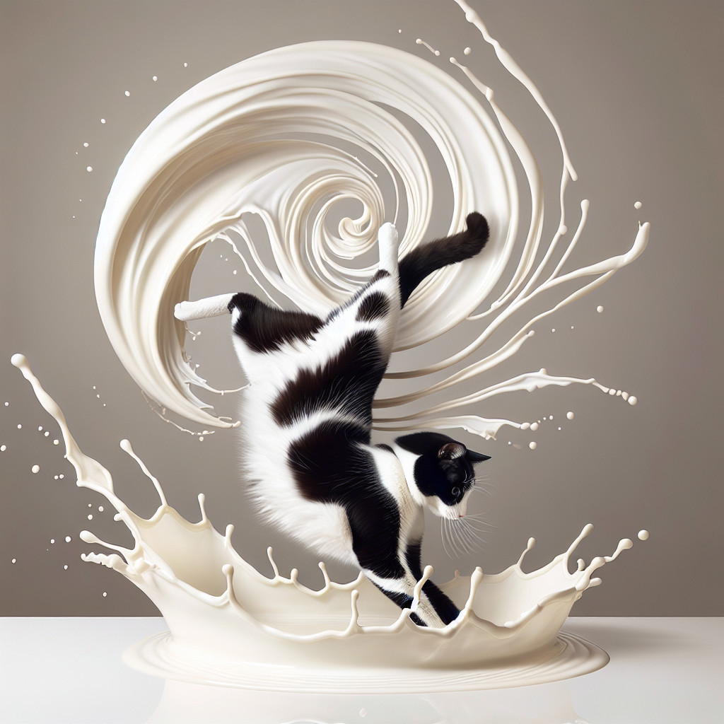 Black and white cat leaps through swirling white liquid