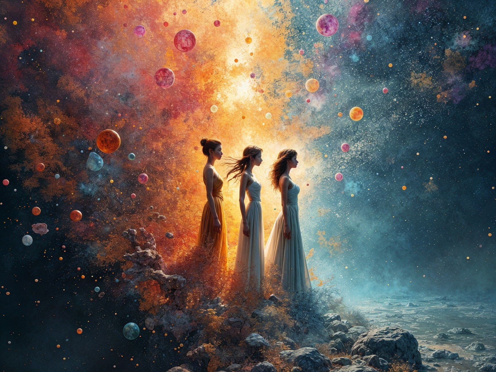 Ethereal Figures in Cosmic Fantasy Landscape