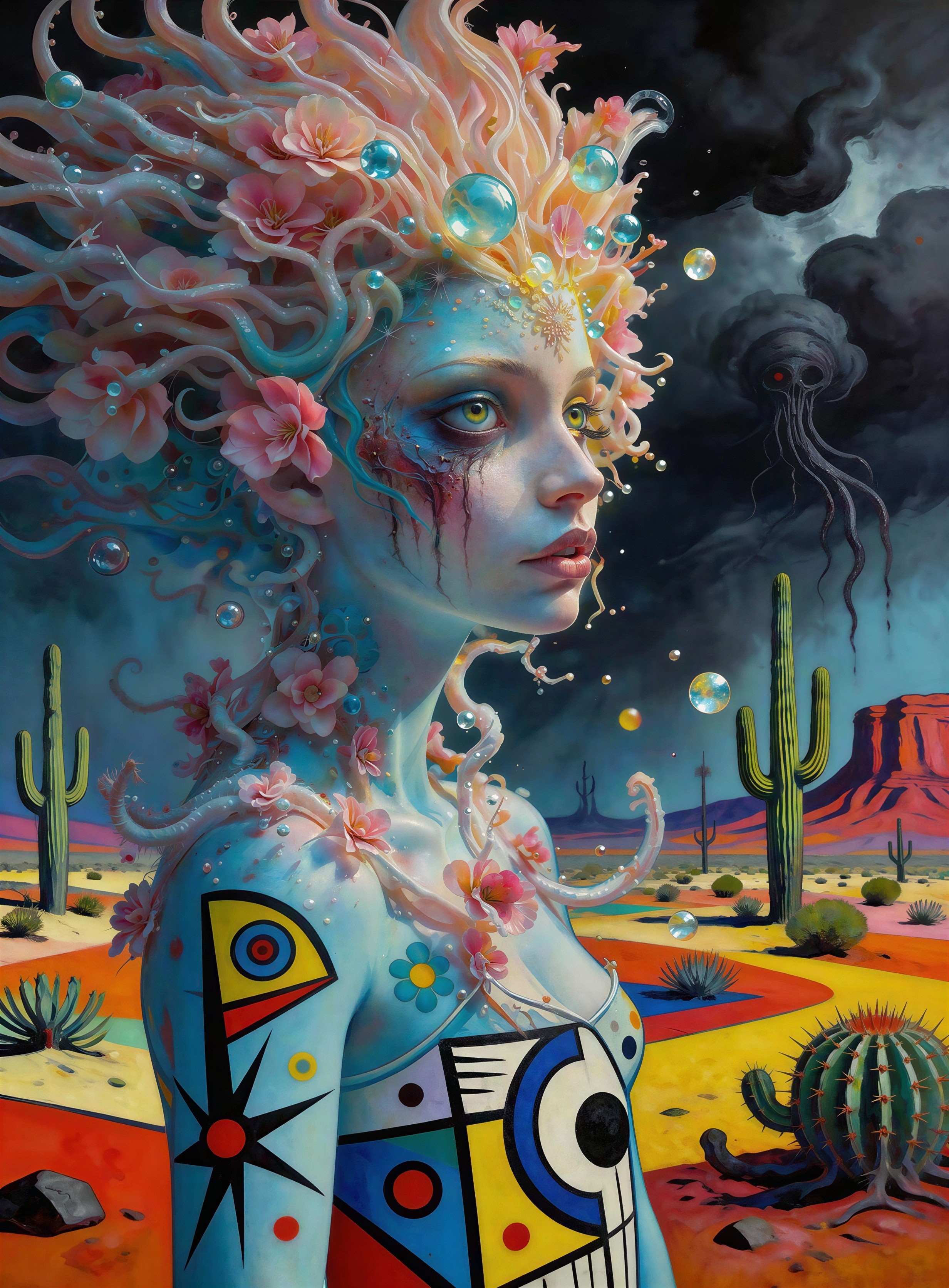 Surreal Portrait of Woman with Blue Skin and Flowers