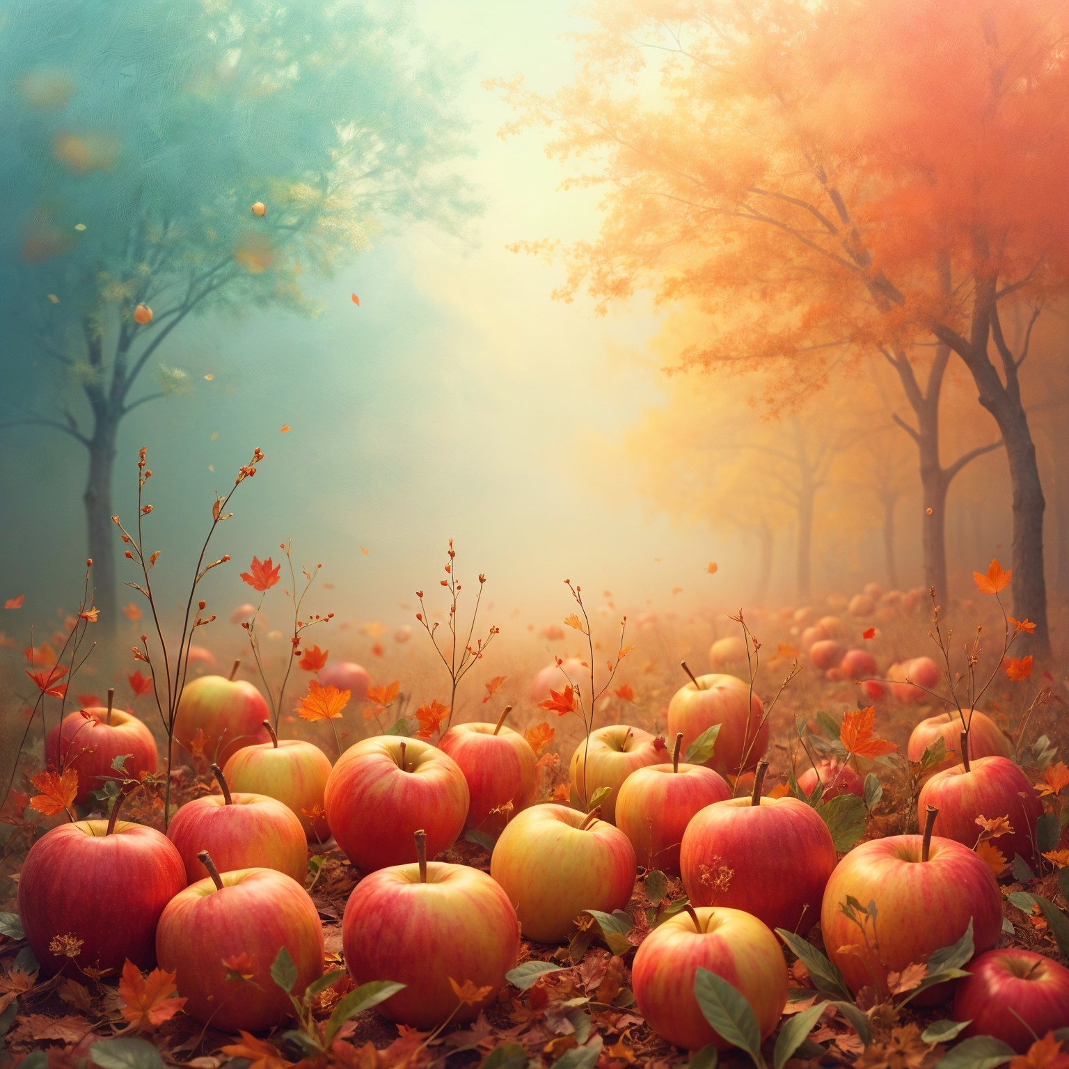 Autumn Landscape with Apples and Colorful Leaves