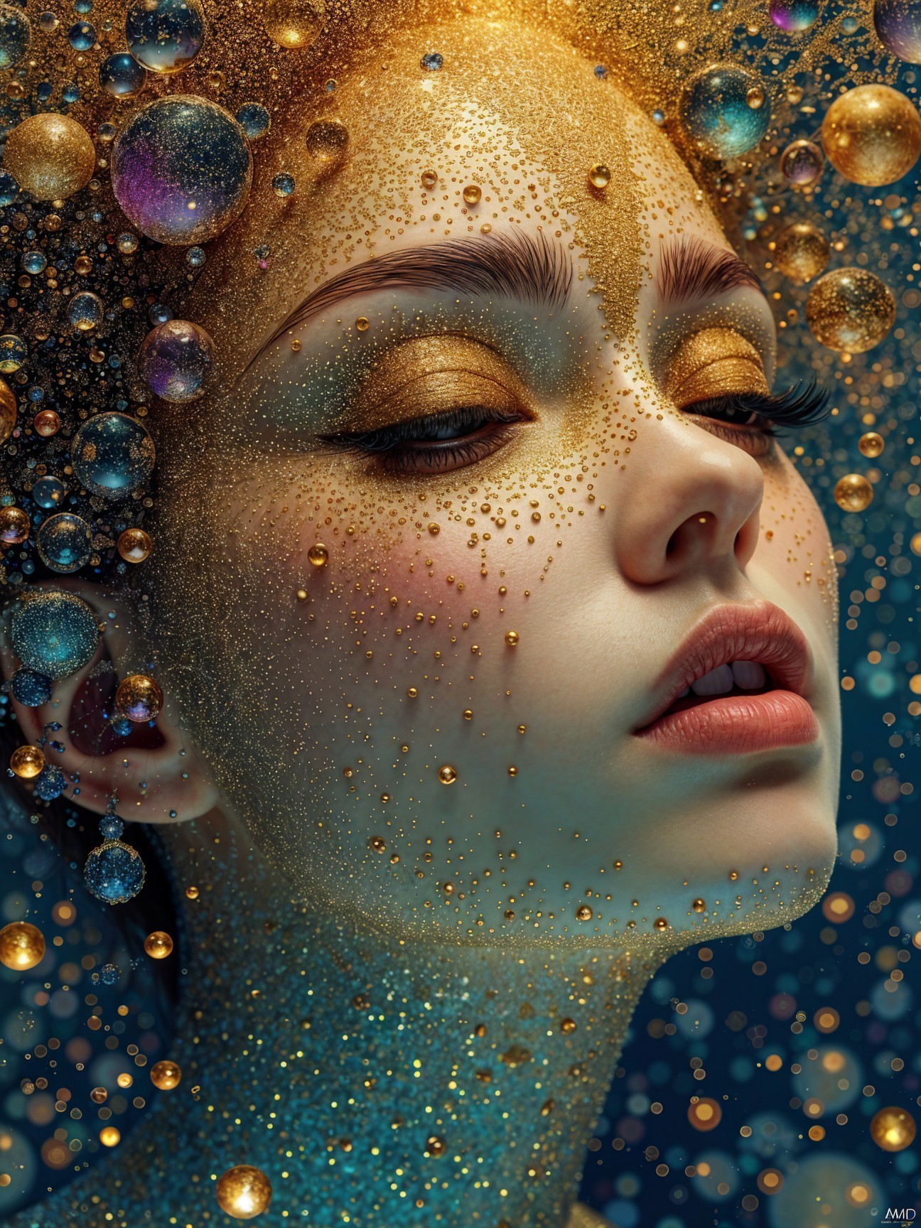 Close-Up of a Woman's Face in Shimmering Bubbles