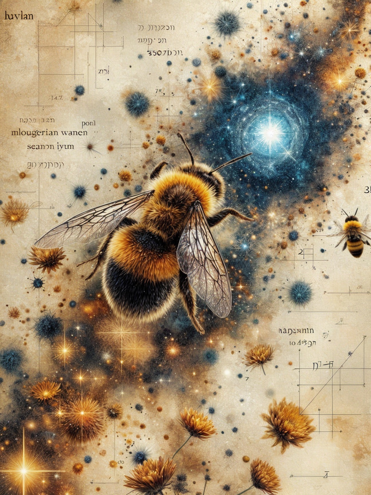 Cosmic Bee in Flight Among Stars and Dandelions