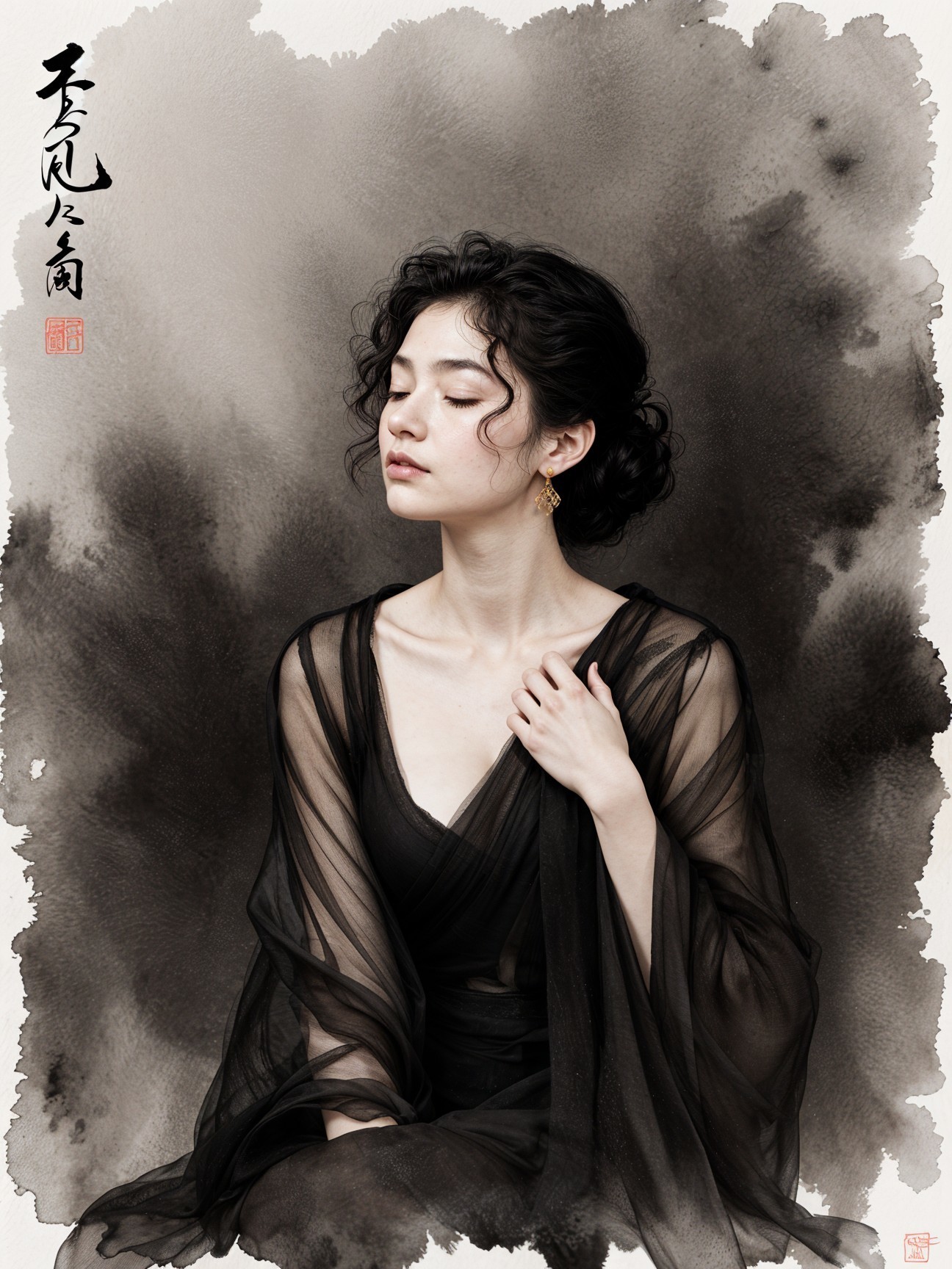 Curly-haired woman in sheer black dress with gold earrings