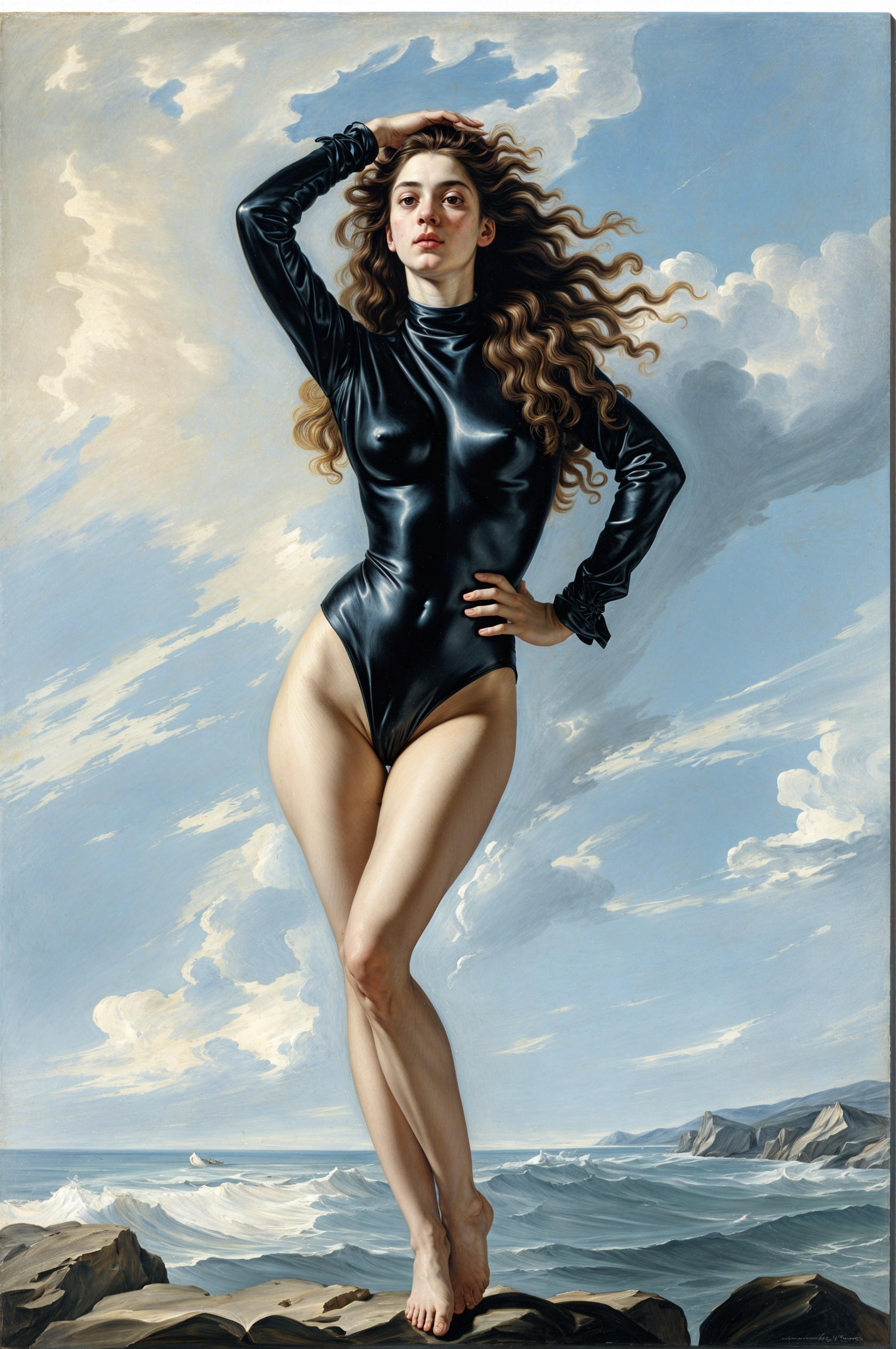 Woman in Black Bodysuit Against Dramatic Sky and Sea