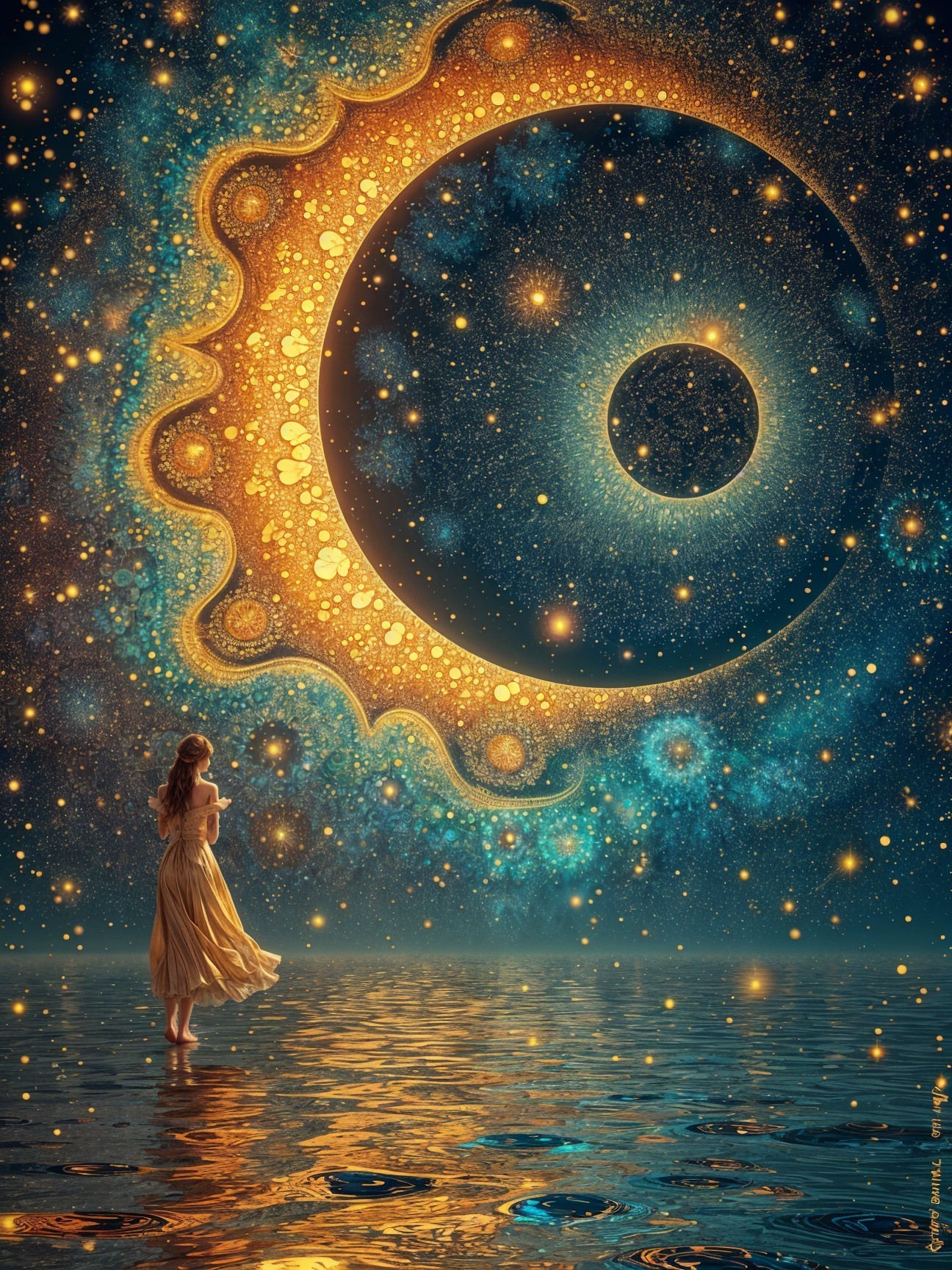 Serene Figure Gazing at Cosmic Scene with Moon and Stars