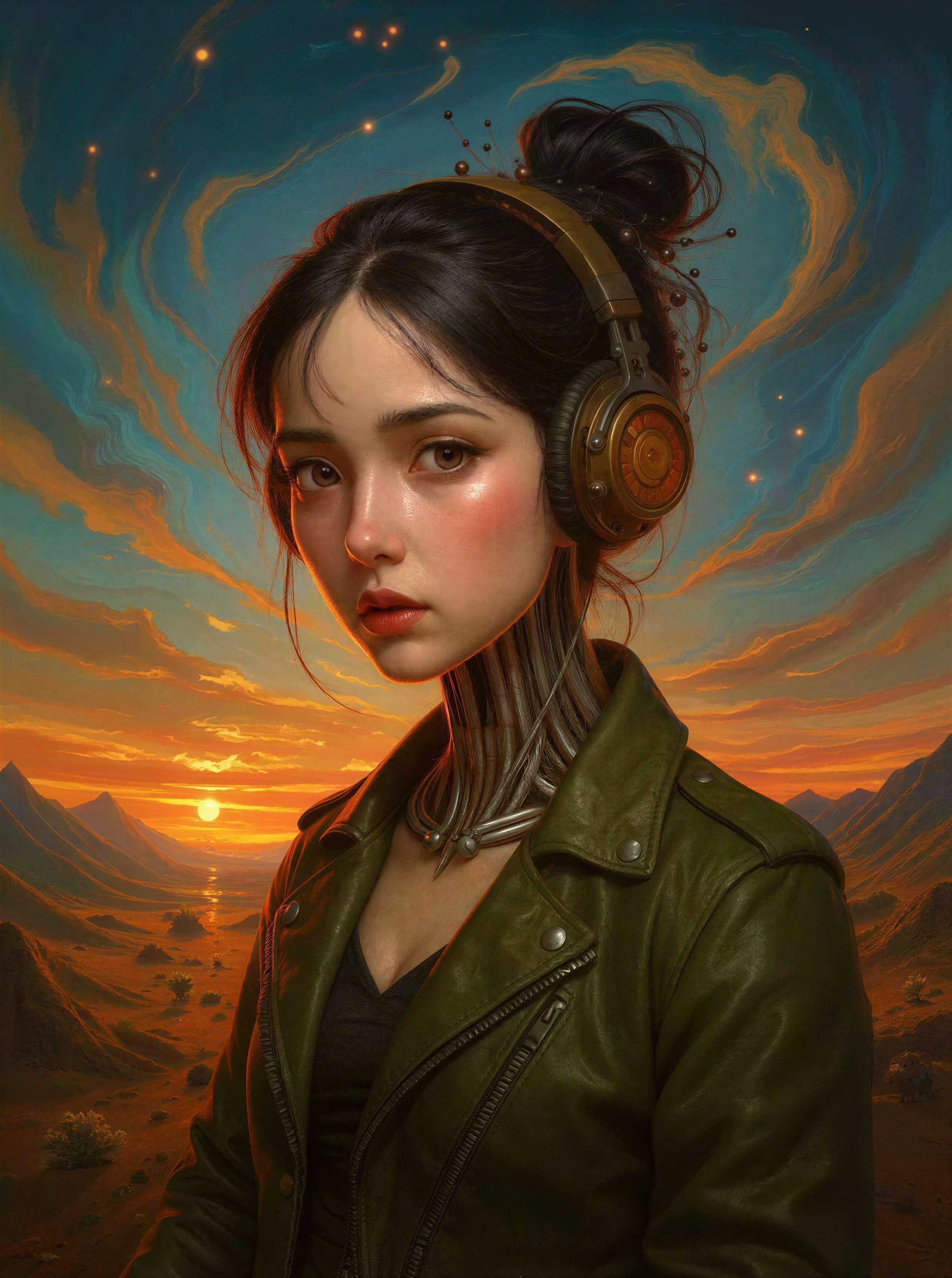 Cyberpunk Robot Woman at Sunset on a Mountain