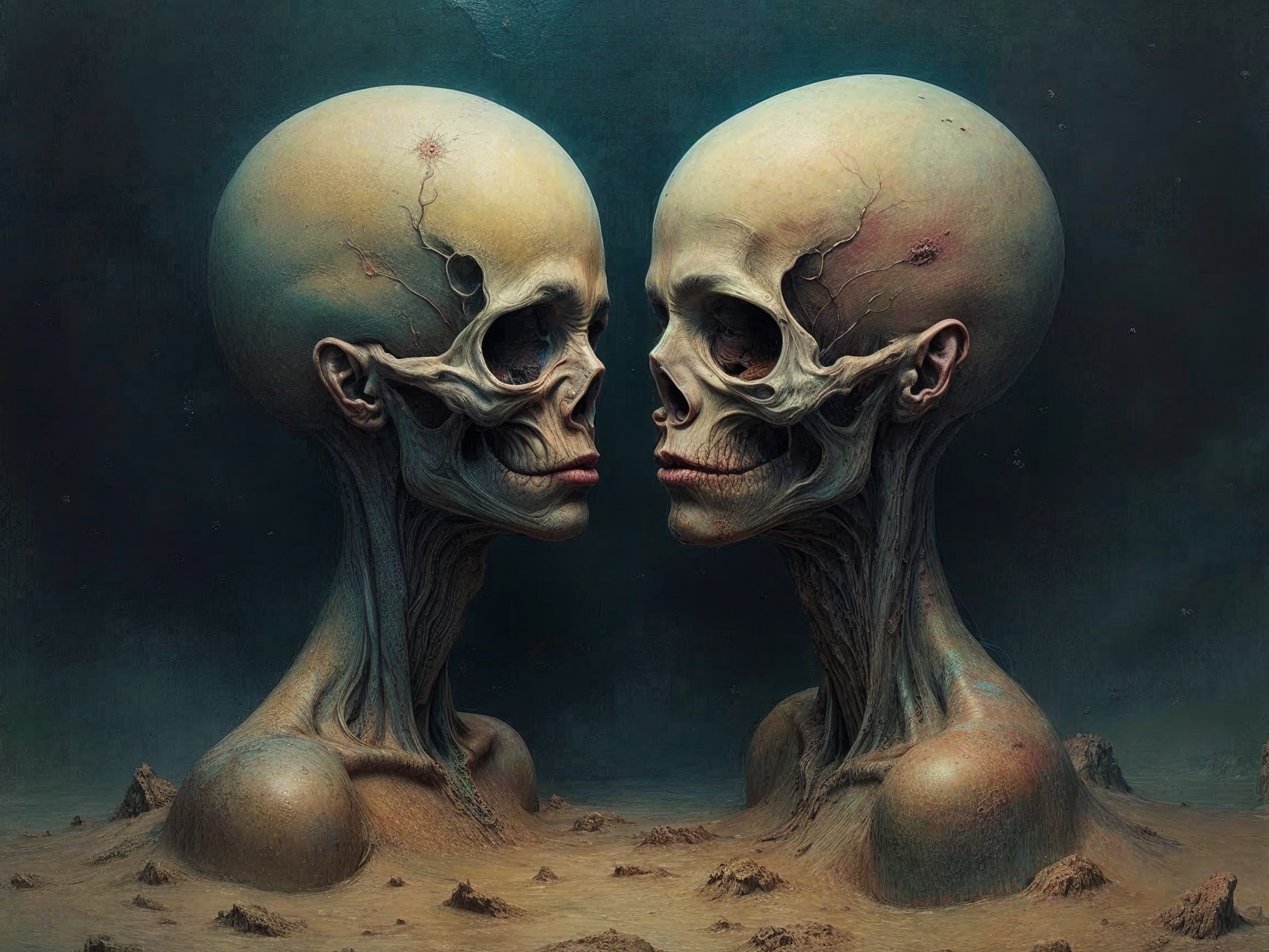 Surreal Humanoid Figures with Elongated Skulls