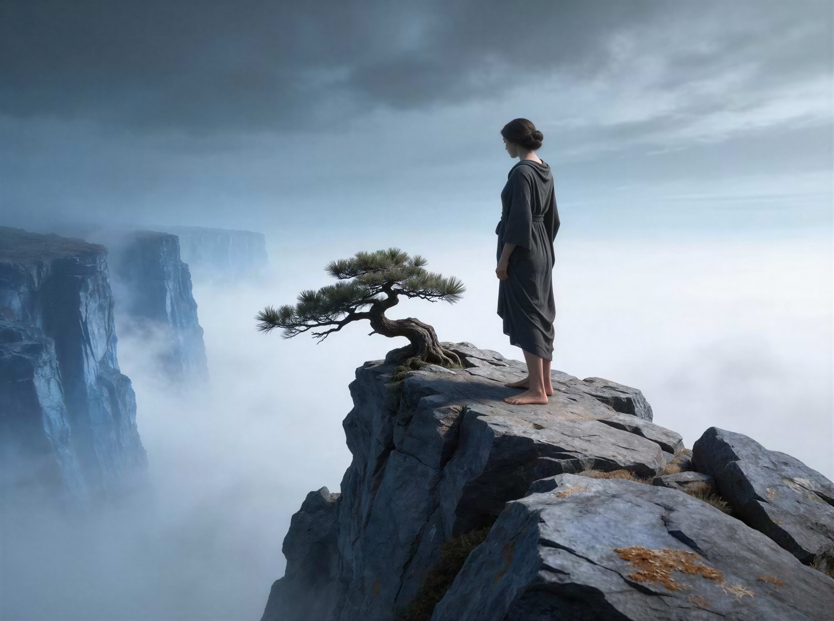 Woman in Dark Robe on Misty Mountain Cliff