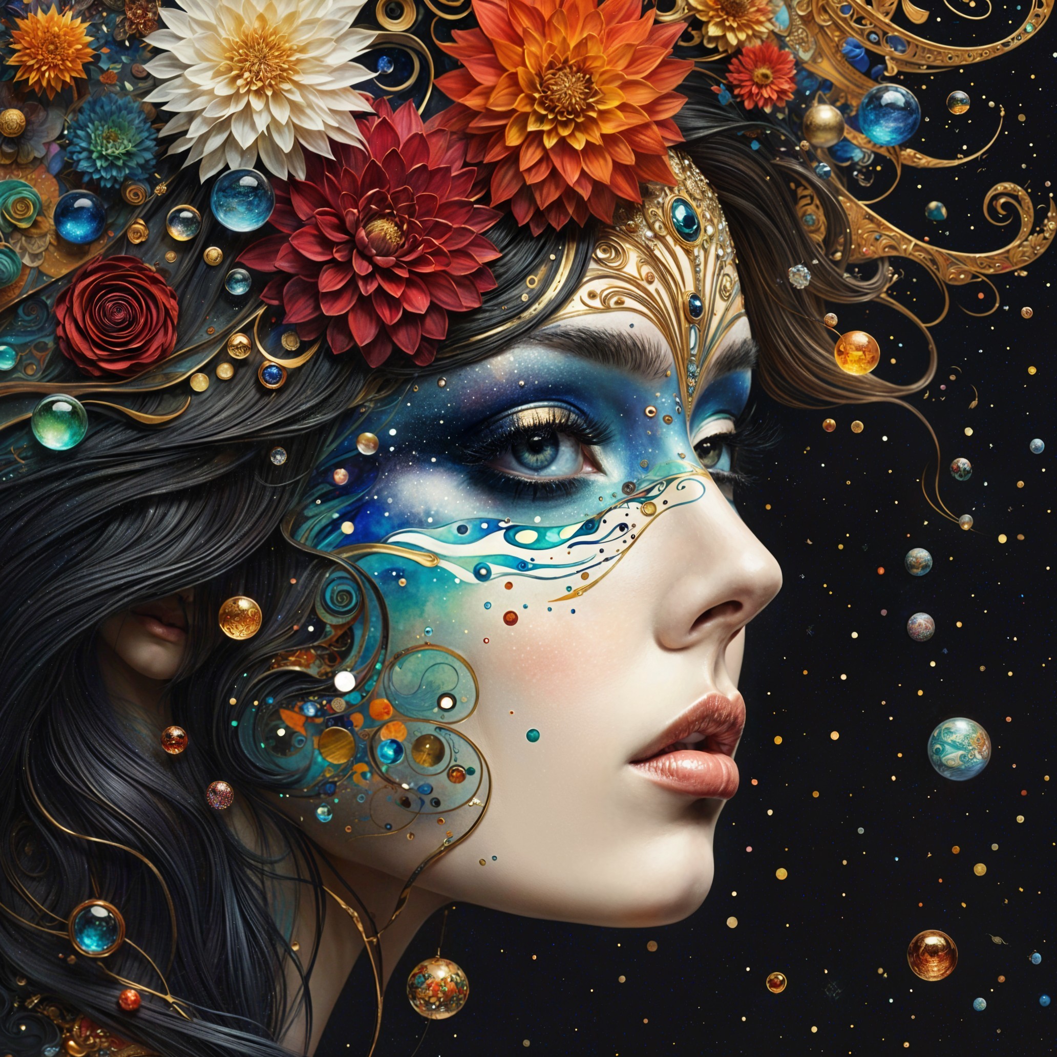 Profile of a Woman with Floral and Celestial Designs