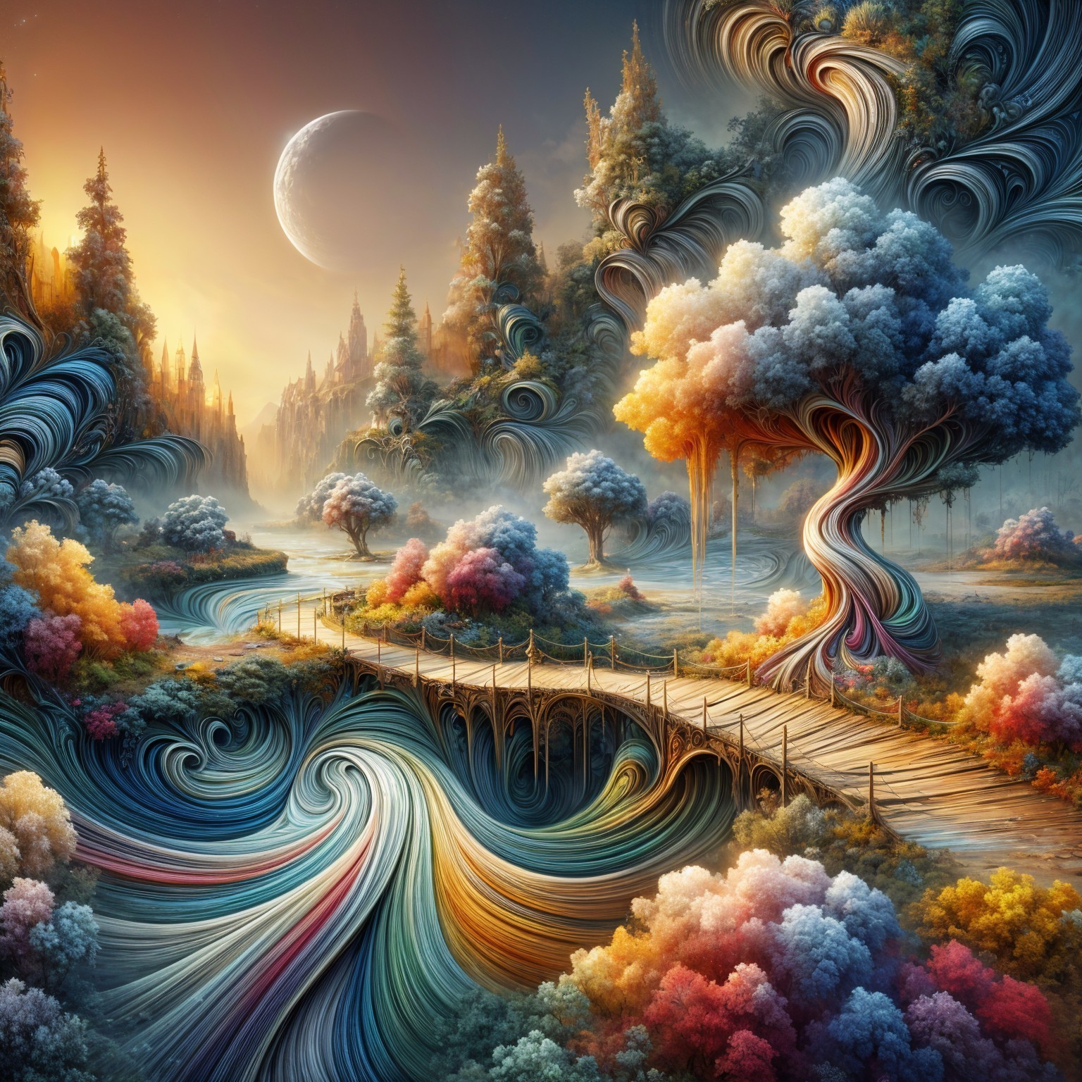 Surreal Landscape with Colorful River and Bridge