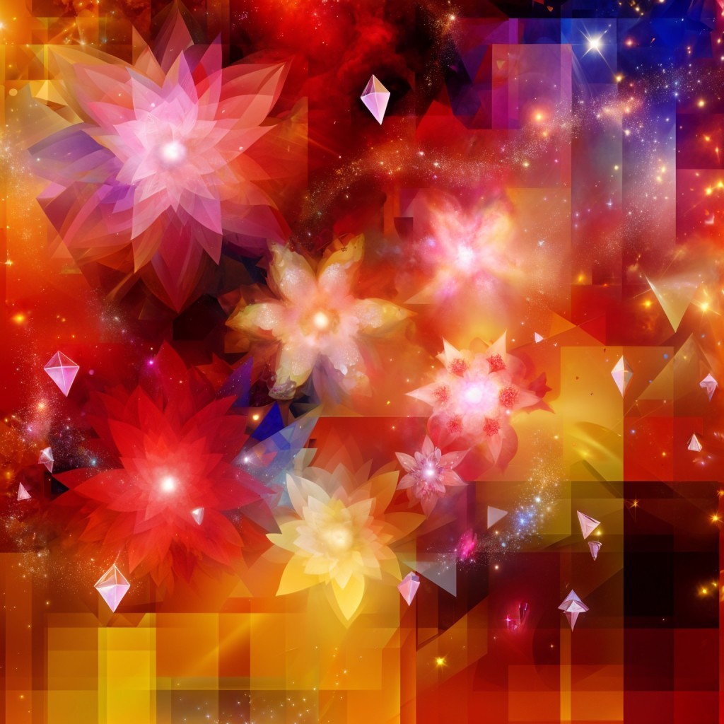 Vibrant Abstract Cosmic Composition with Geometric Flowers