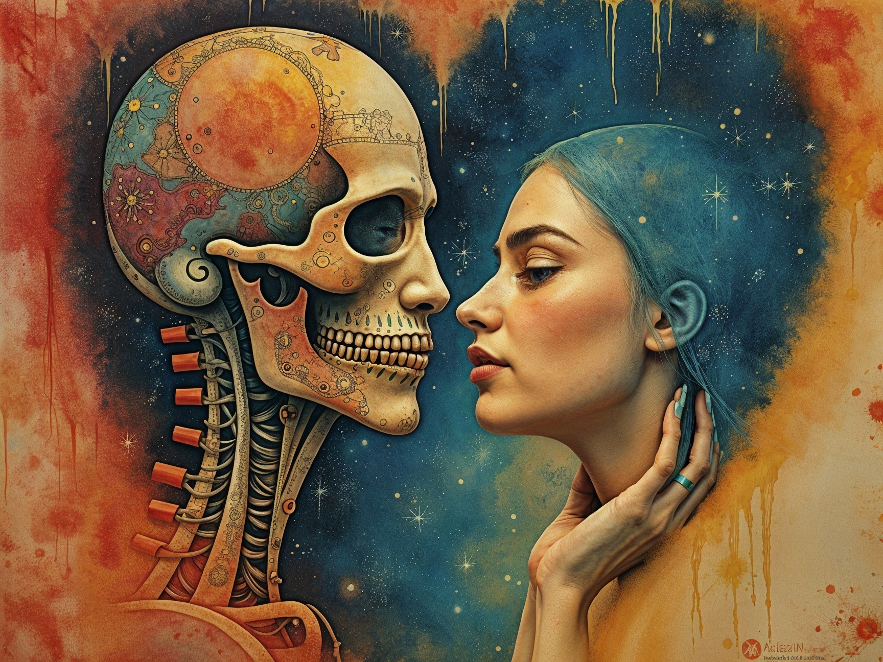 Human Skull and Young Woman Profile Juxtaposition
