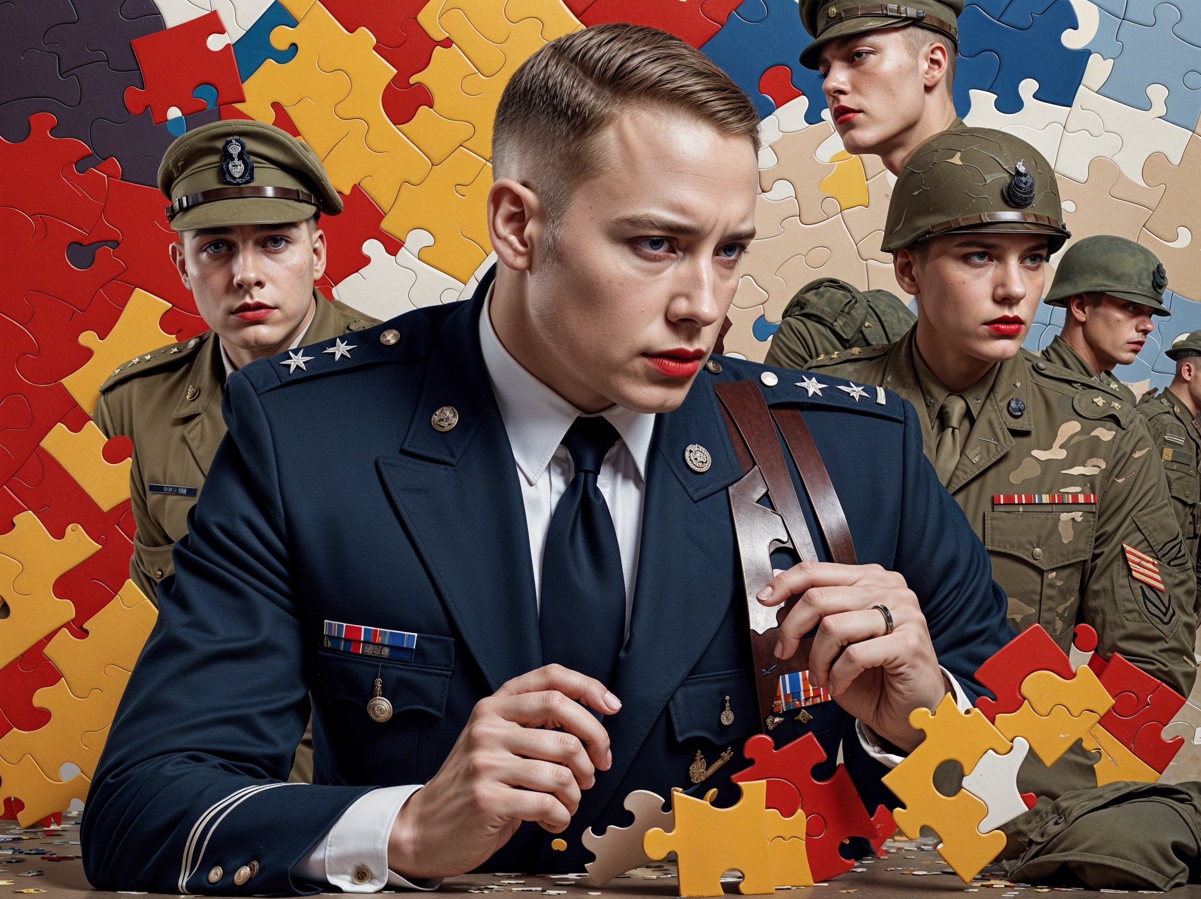 Military Officer with Puzzle Pieces and Soldiers in Formation