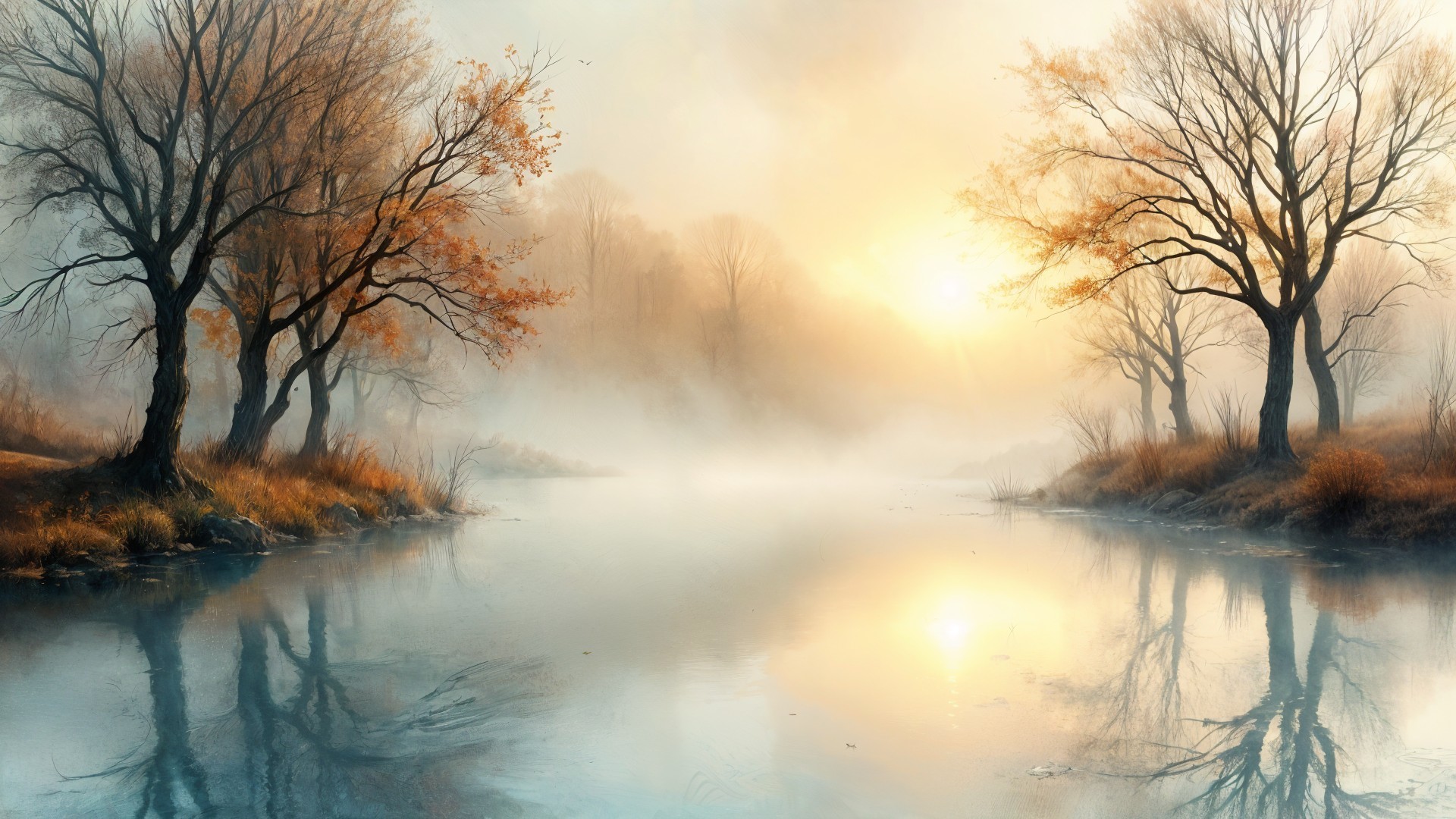 Serene Dawn Landscape with River and Mist