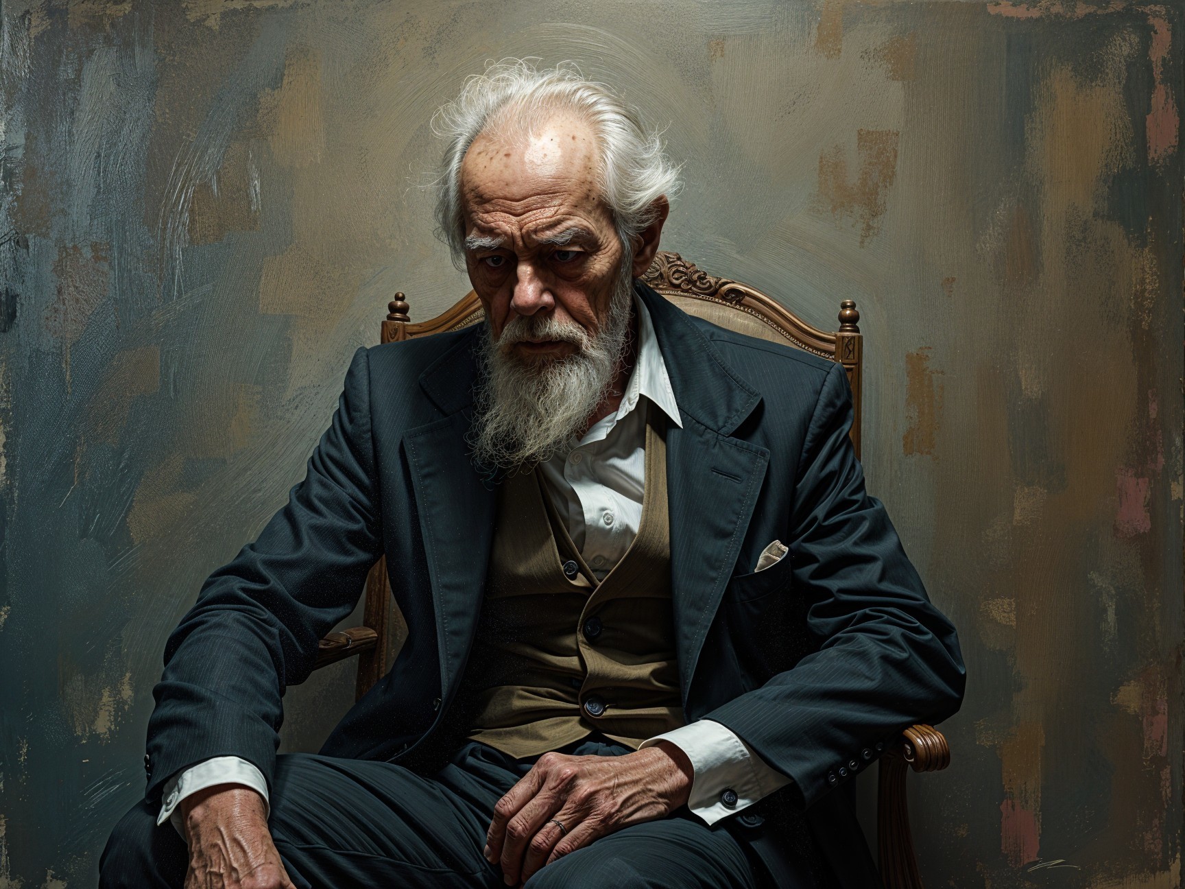 Elderly Man in Formal Attire Reflecting in a Chair