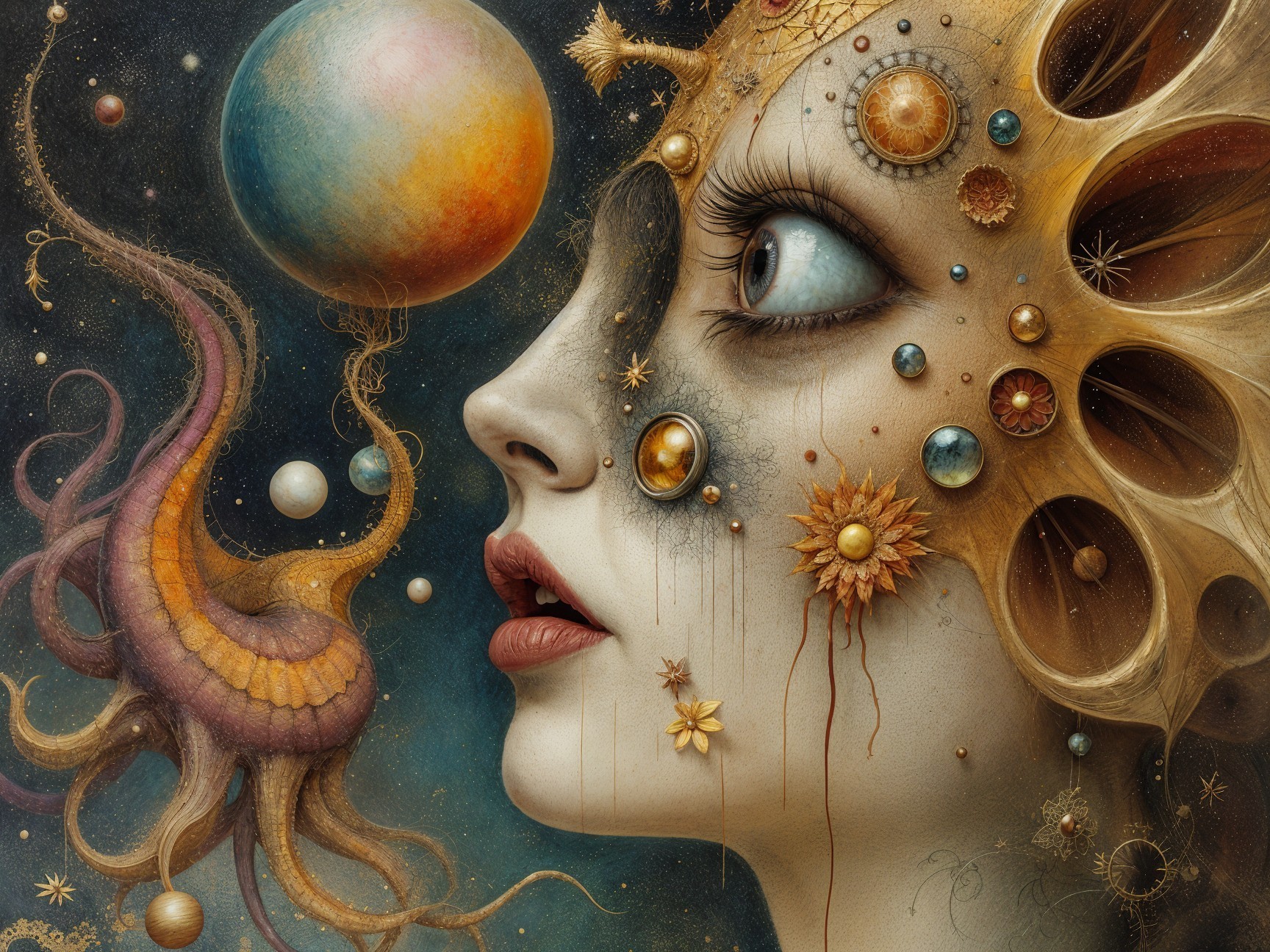 Surreal Portrait of a Woman with Celestial Motifs
