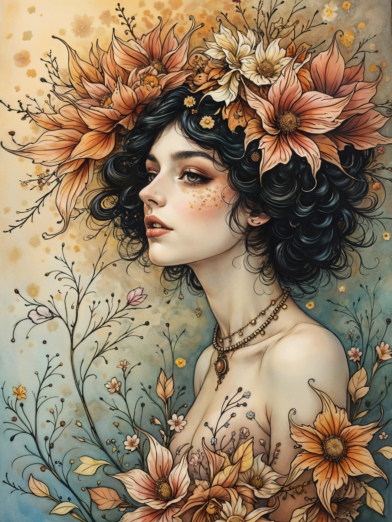 Portrait of a woman with flowers and foliage accents