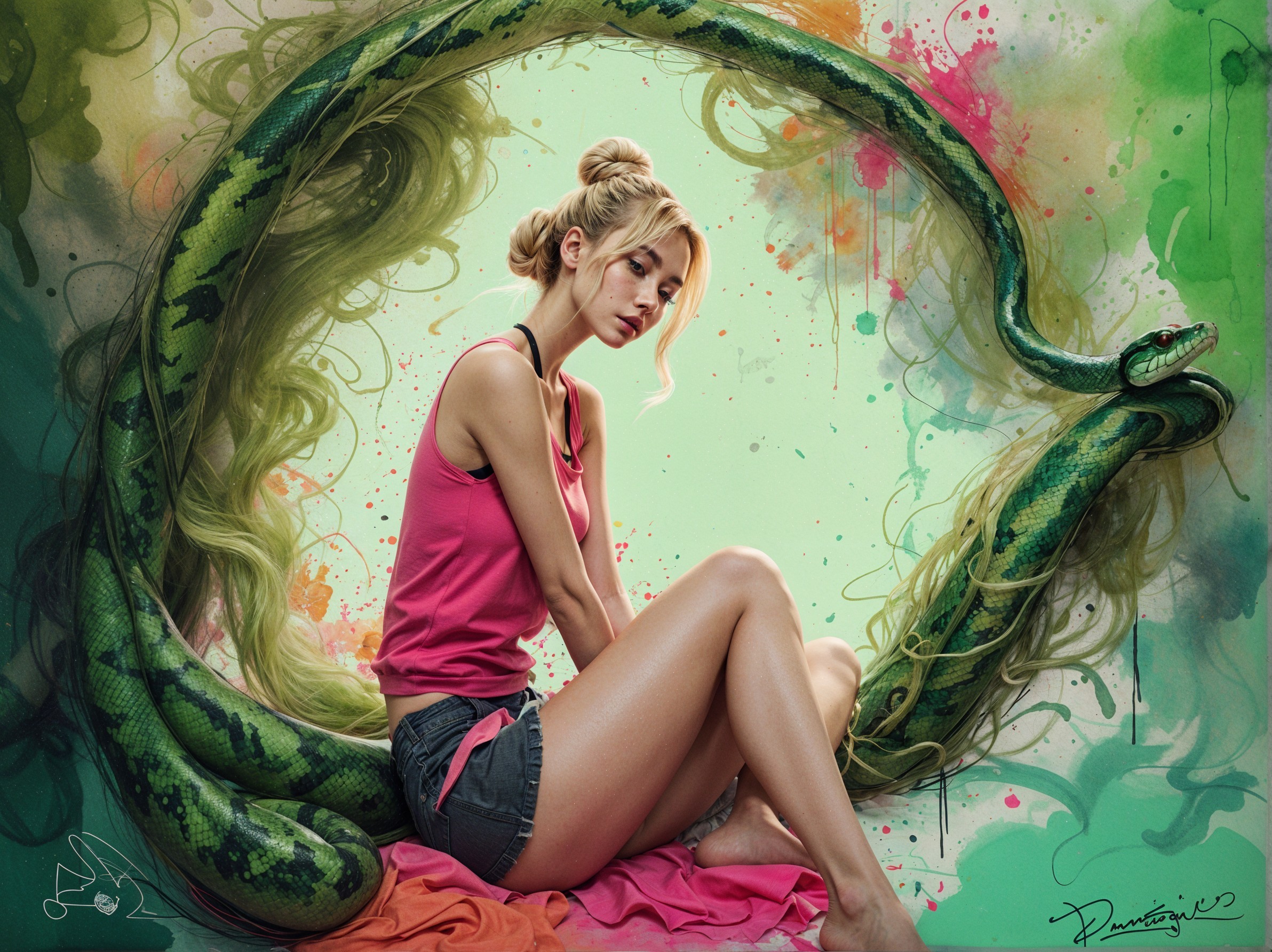 Woman in pink top with a snake on a colorful background