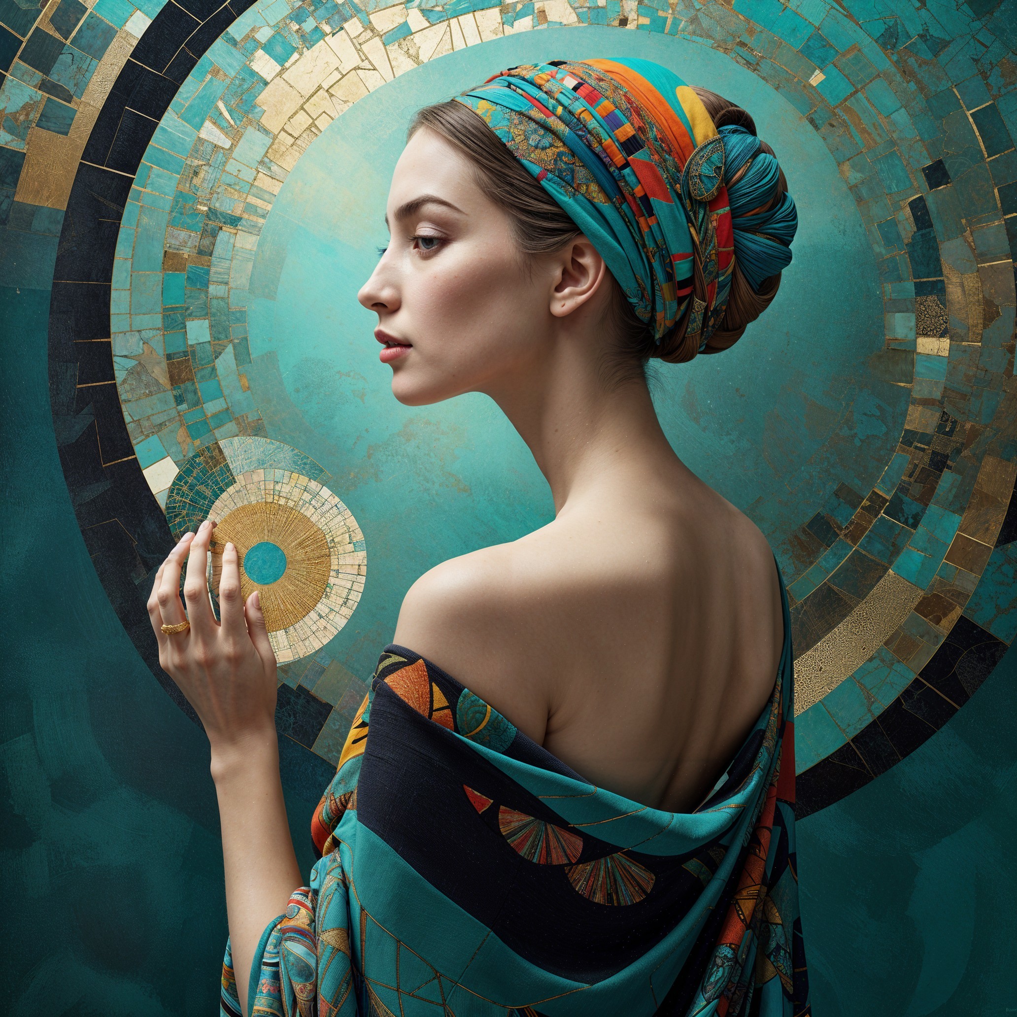 Elegant Woman in Vibrant Scarf with Artistic Background