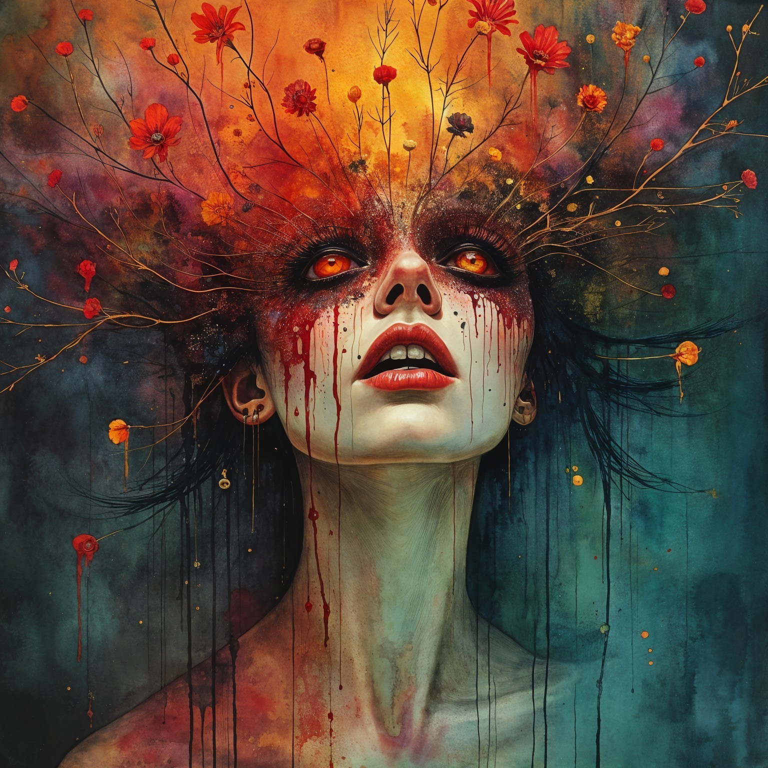 Portrait of a woman with glowing eyes and floral elements