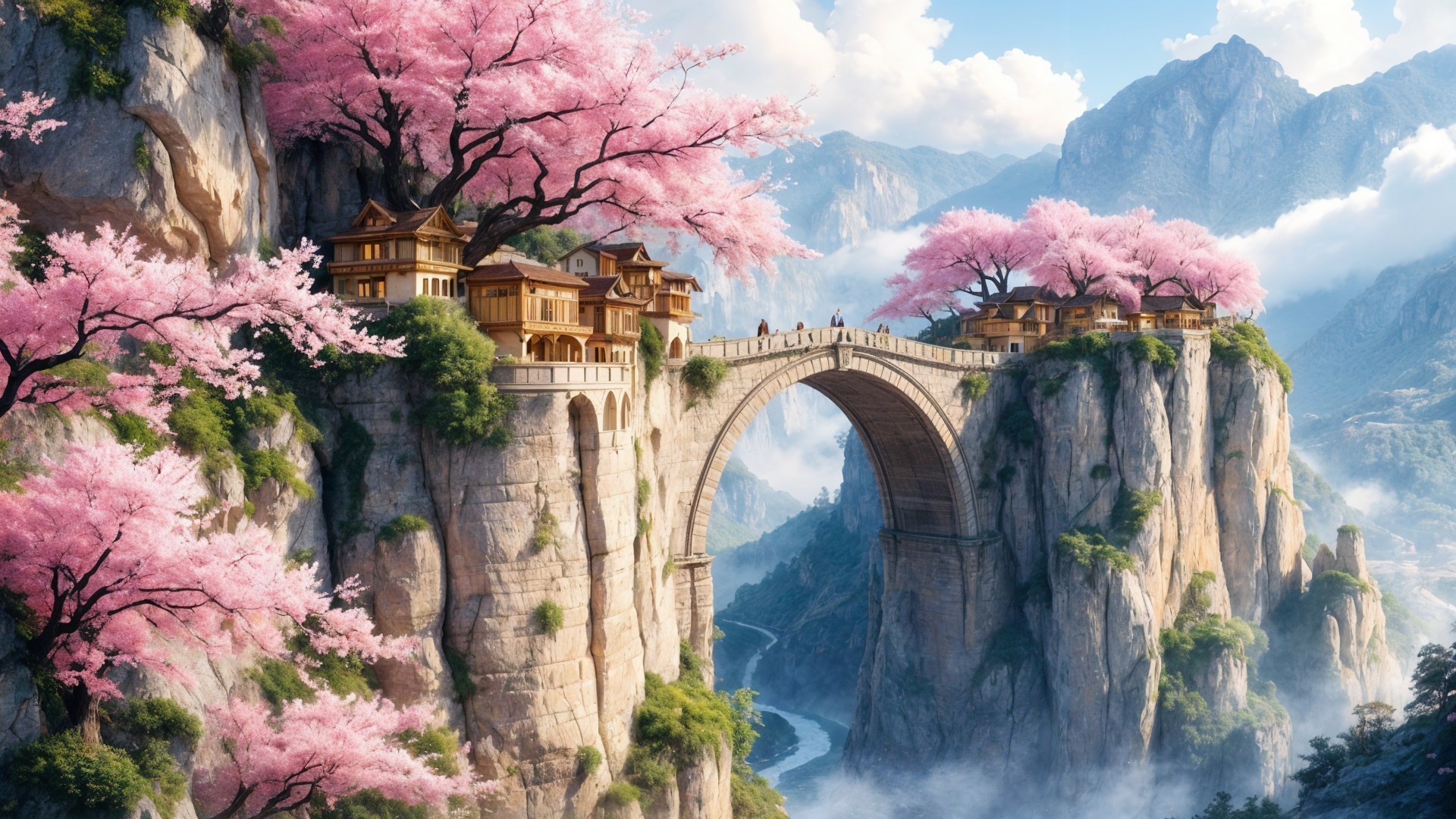 Serene Landscape with Bridge and Cherry Blossoms