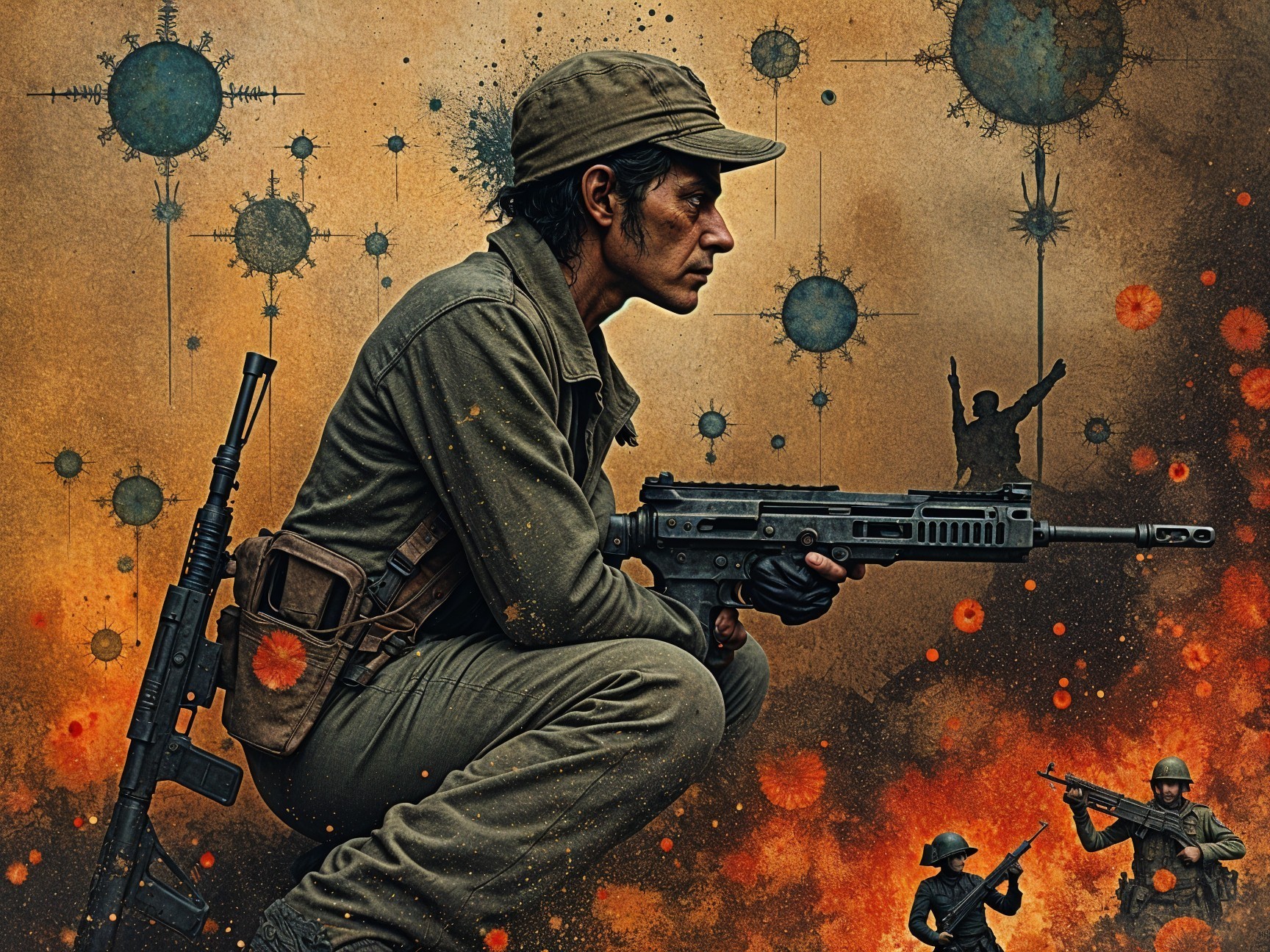 Military Figure in Crouched Position with Abstract Background