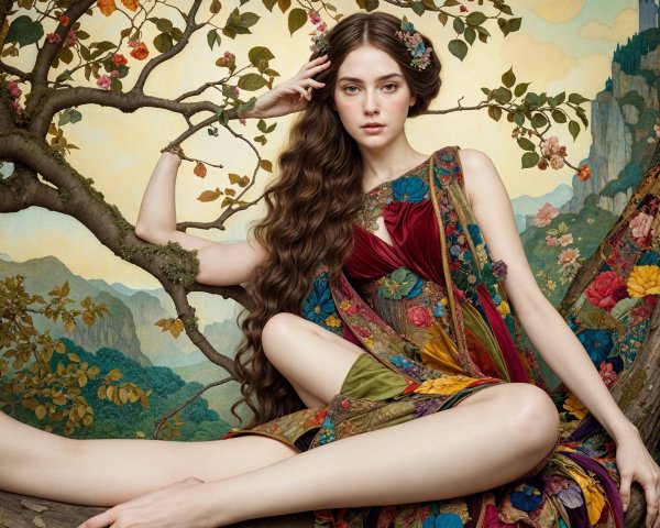 Serene Figure in Tree Surrounded by Vibrant Blooms